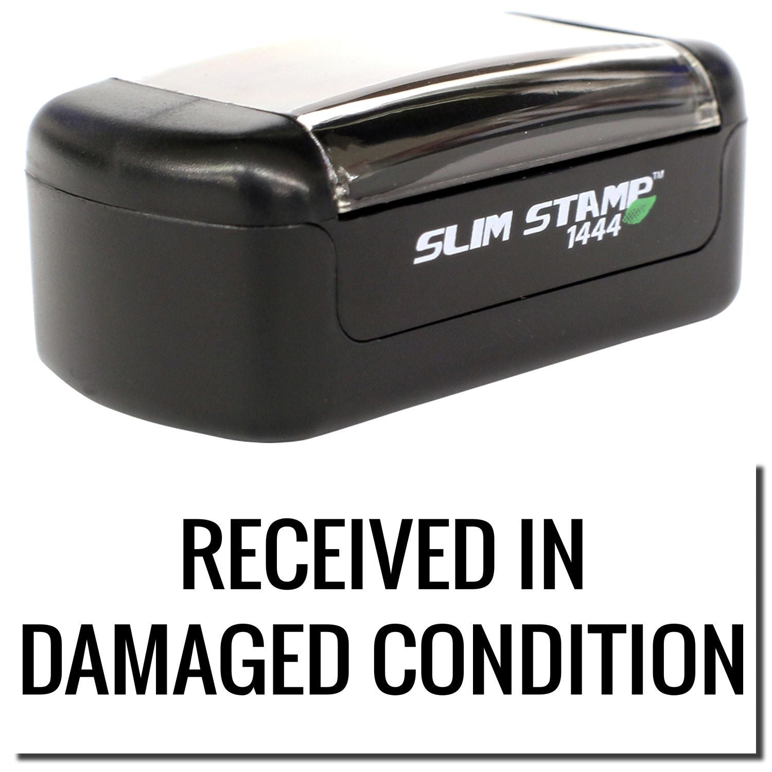 Slim Stamp 1444 self-inking stamp with Received in Damaged Condition message, black office stamp tool.