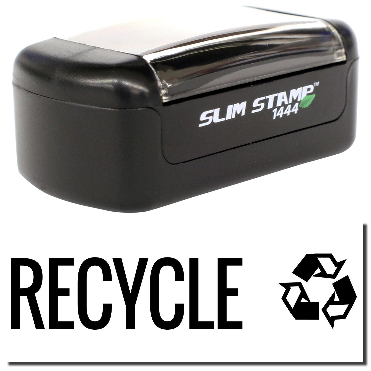 Black Slim Stamp 1444 recycle self-inking stamp with recycle symbol for eco-friendly labeling.