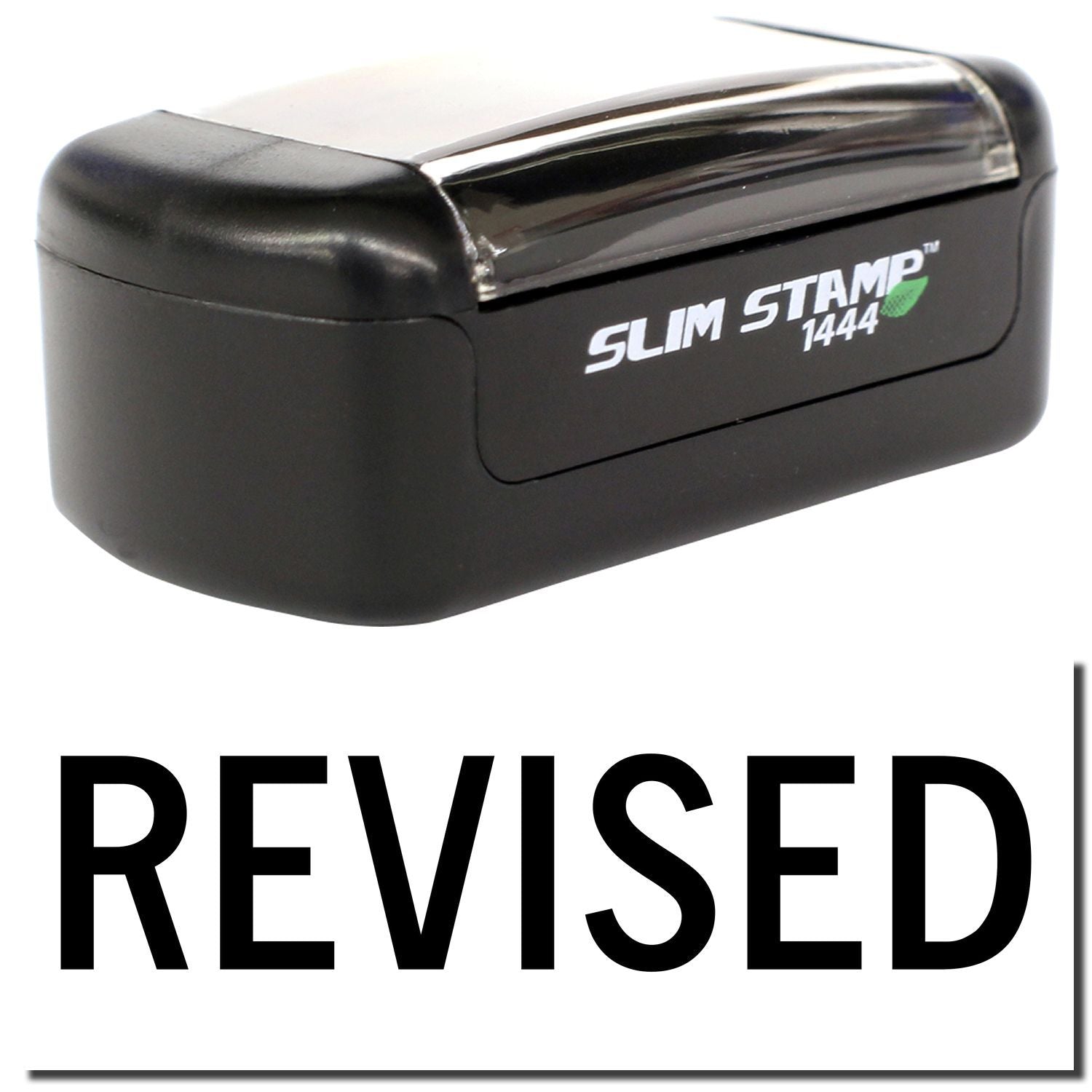 Black Slim Stamp 1444 self-inking rubber stamp with REVISED imprint on white background