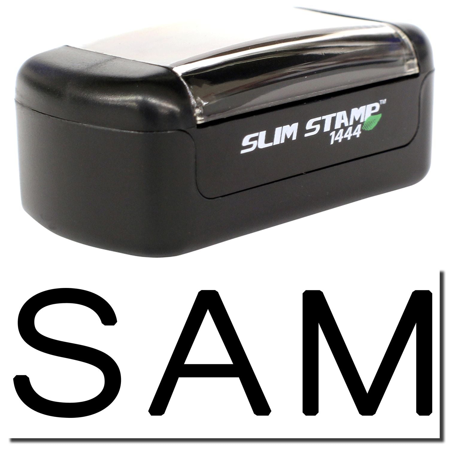 Black Slim Stamp 1444 self-inking stamp with SAM branding, compact office rubber stamp on white background.