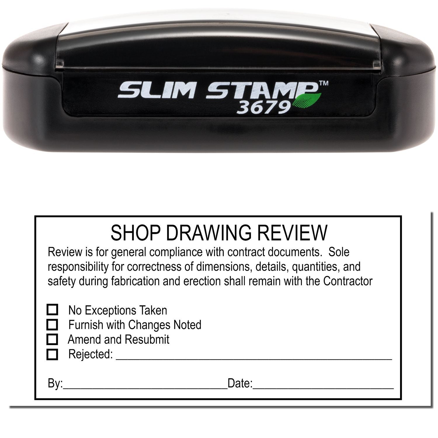 Slim Stamp 3679 self-inking stamp for shop drawing review approval forms with checkboxes and signature lines