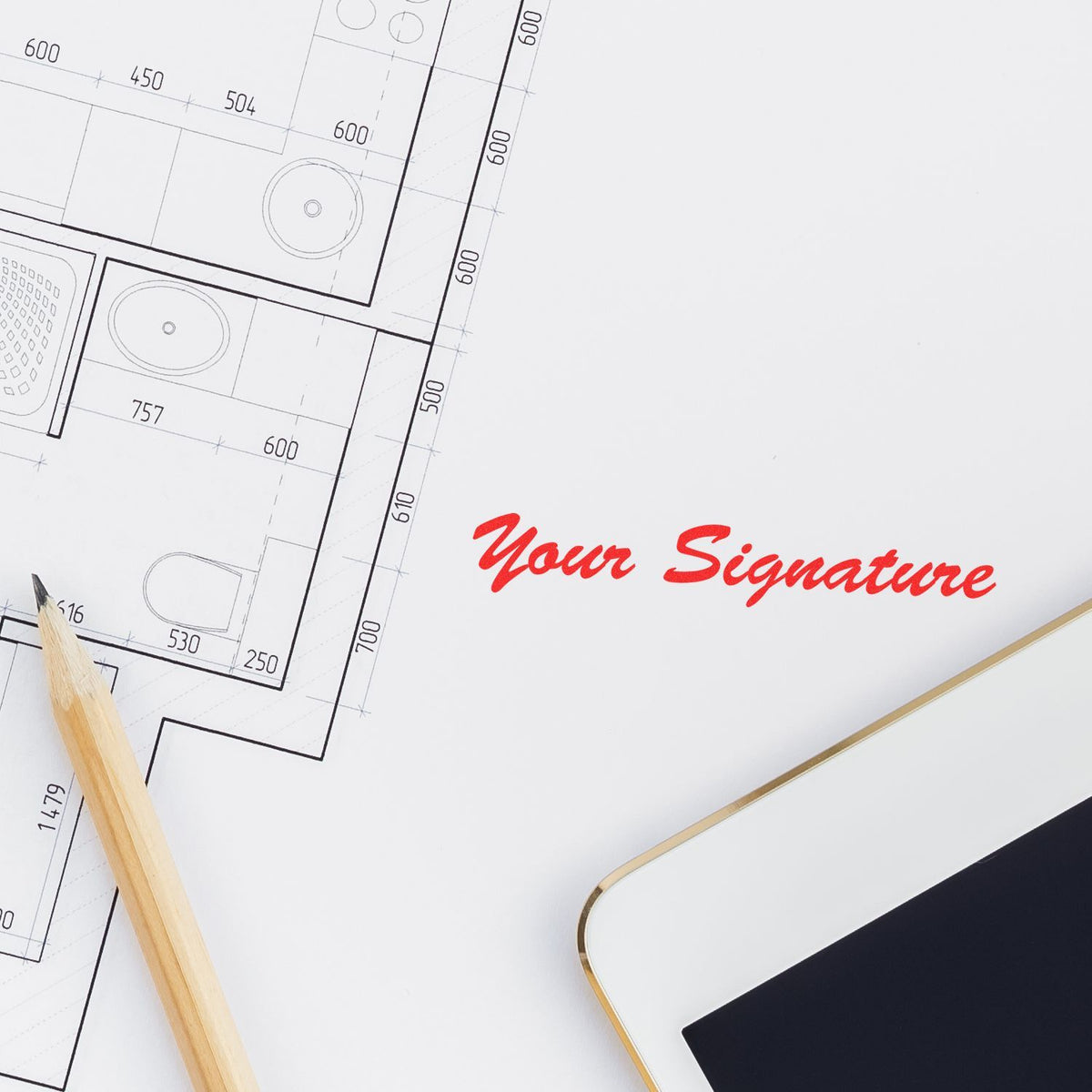 Architectural floor plan blueprint with pencil, tablet, and Your Signature text for home design planning.