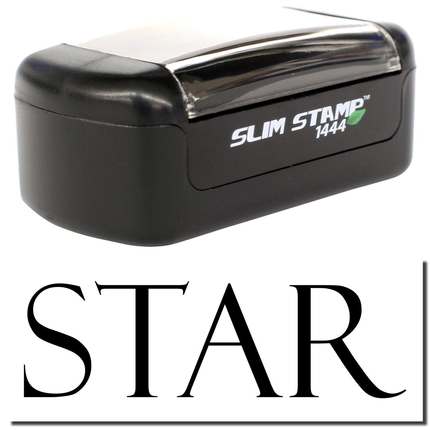 Black Slim Stamp 1444 custom rubber stamp with STAR text, compact pocket-size self-inking stamp on white background.