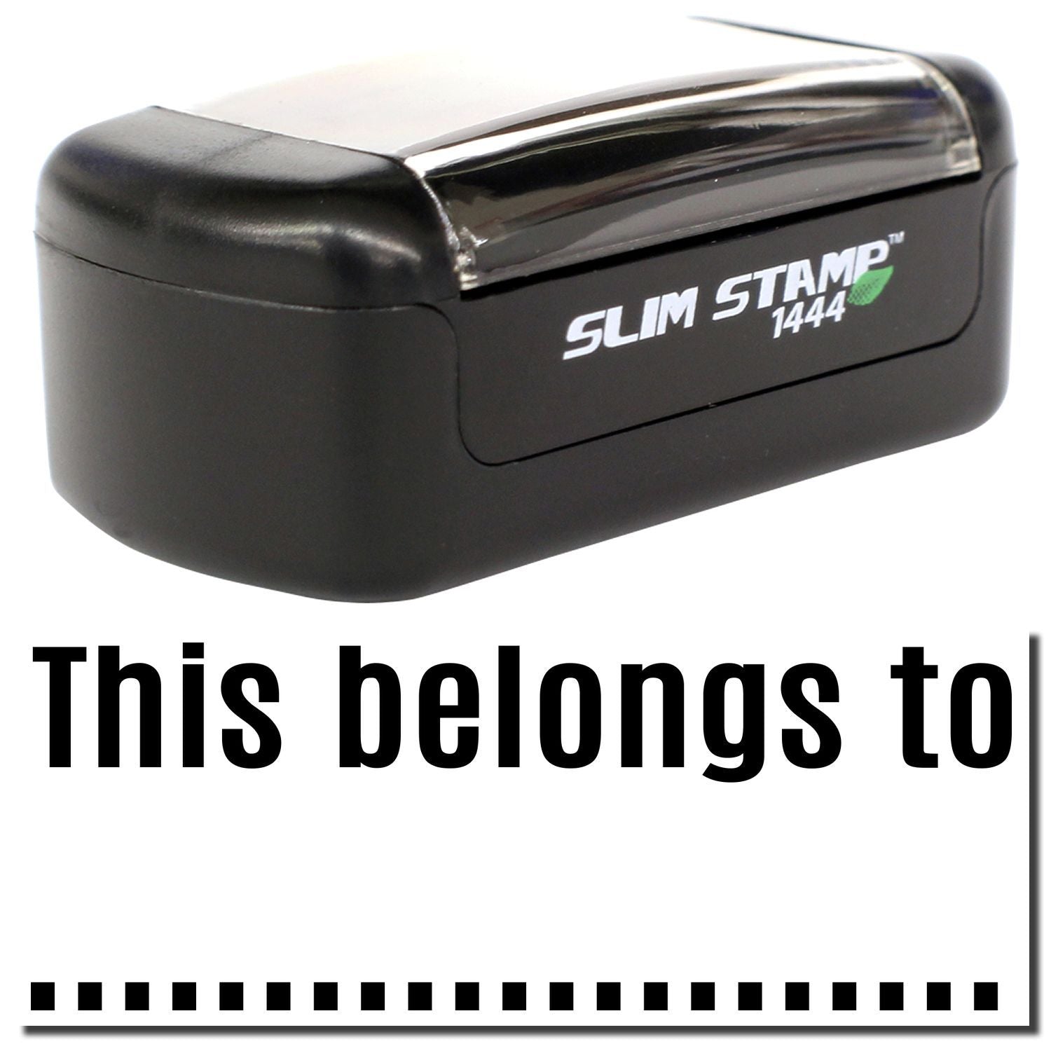 Black Slim Stamp 1444 personalized This belongs to name stamp on white background