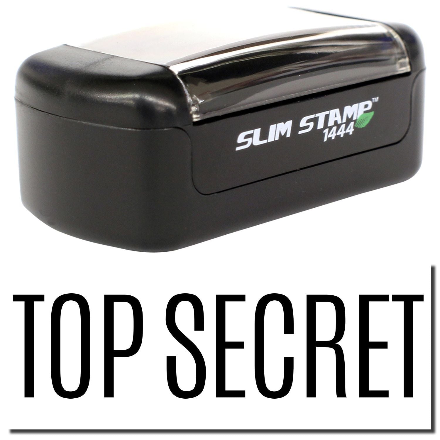 Slim Stamp 1444 self-inking Top Secret stamp in black, compact office supply for confidential document marking.