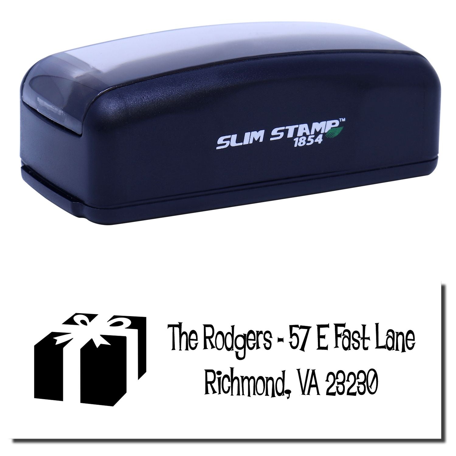 Self-inking Slim Stamp 1854 rubber stamp with custom return address and gift icon for personalized mailing