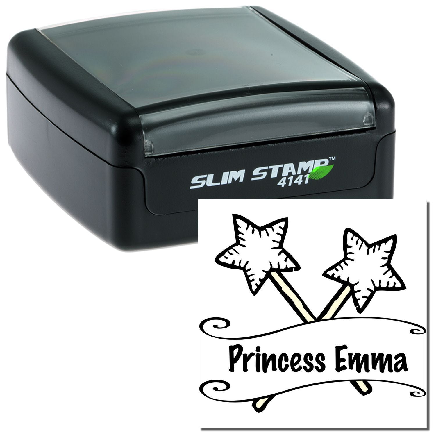 Personalized Slim Stamp 4141 self-inking stamp with Princess Emma name and star wand design