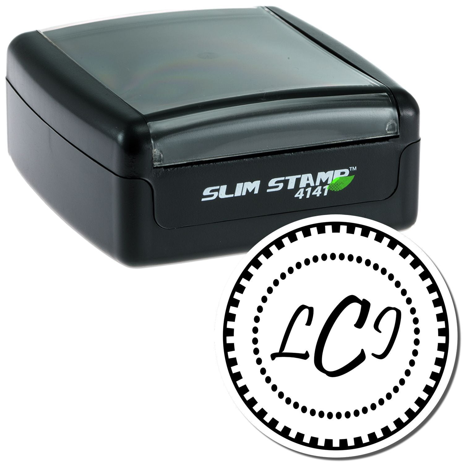 Slim Stamp 4141 self-inking rubber stamp with custom circular monogram design for branding and personal stationery.