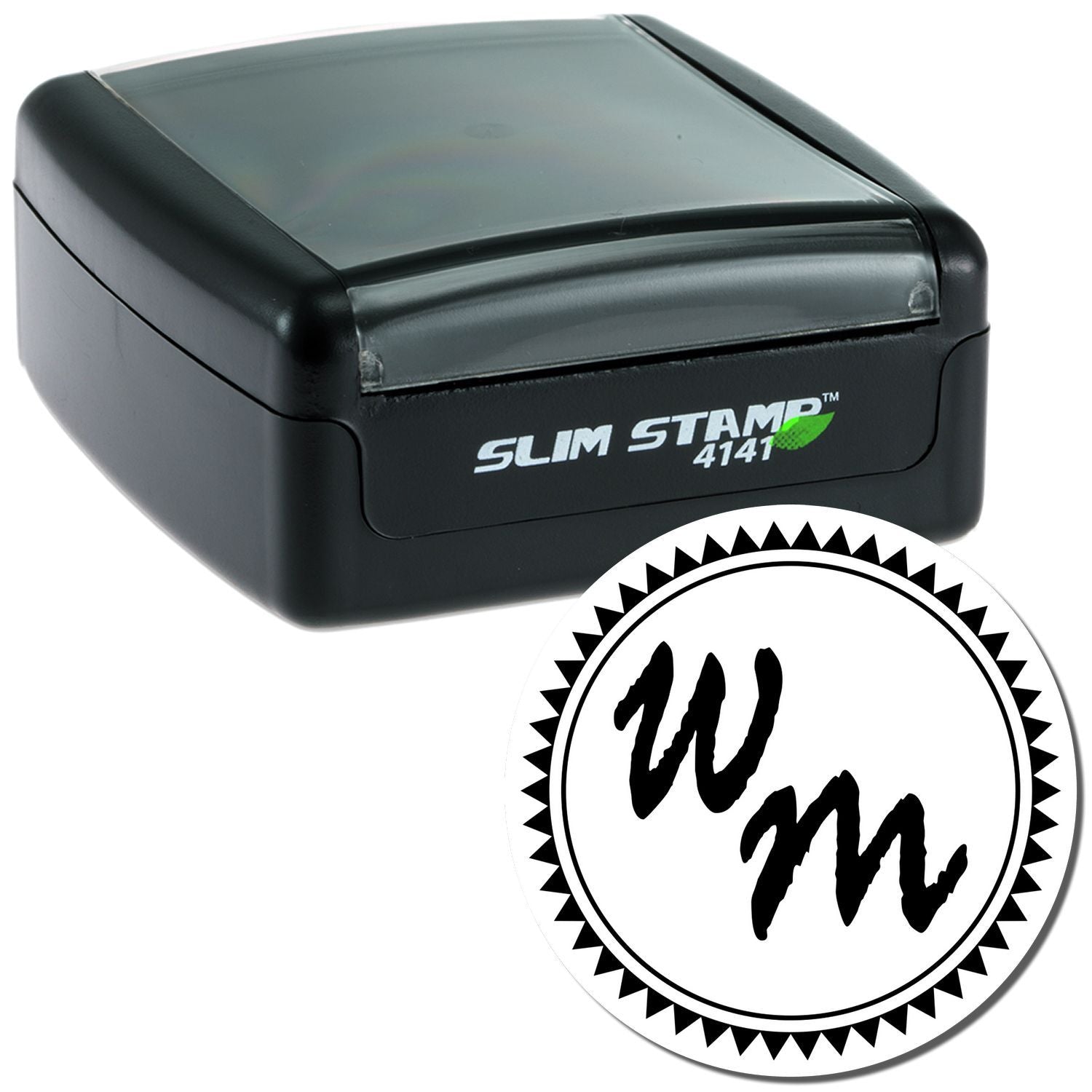 Slim Stamp 4141 self-inking custom monogram stamp with WM initials, ideal for personalized business, craft, and return address use.