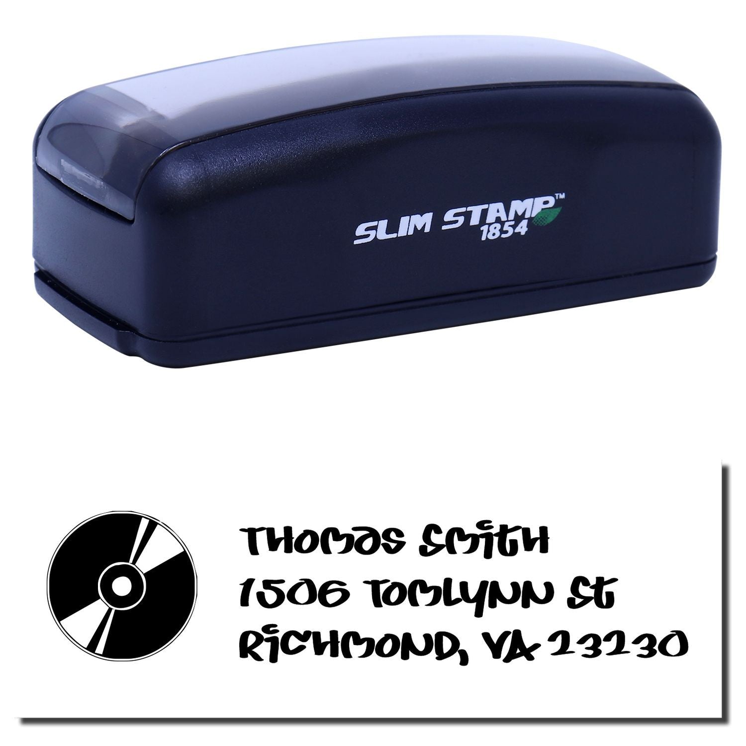 Slim Stamp 1854 self-inking custom address rubber stamp with sample name and address imprint.