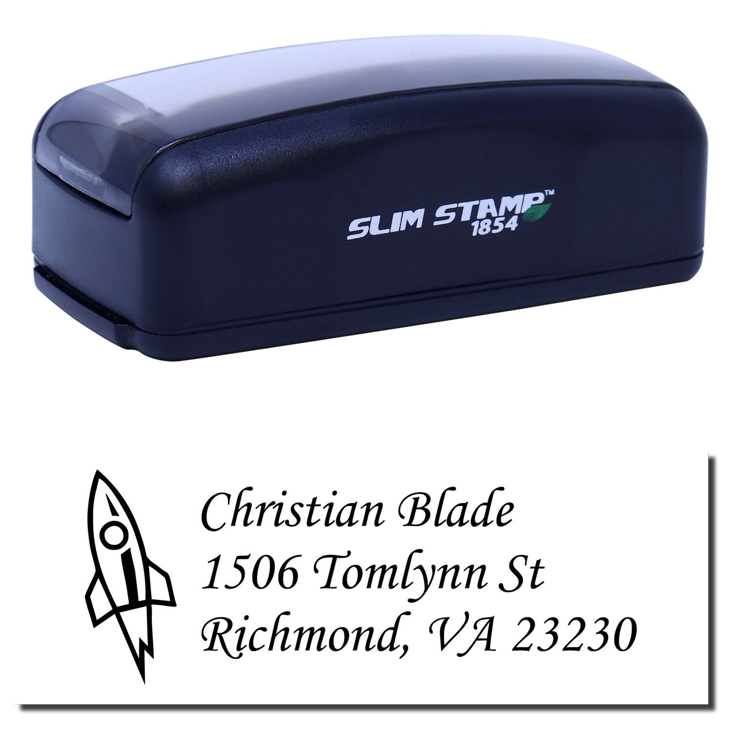 Slim Stamp 1854 custom self-inking address rubber stamp with rocket logo and Christian Blade Richmond, VA 23230.