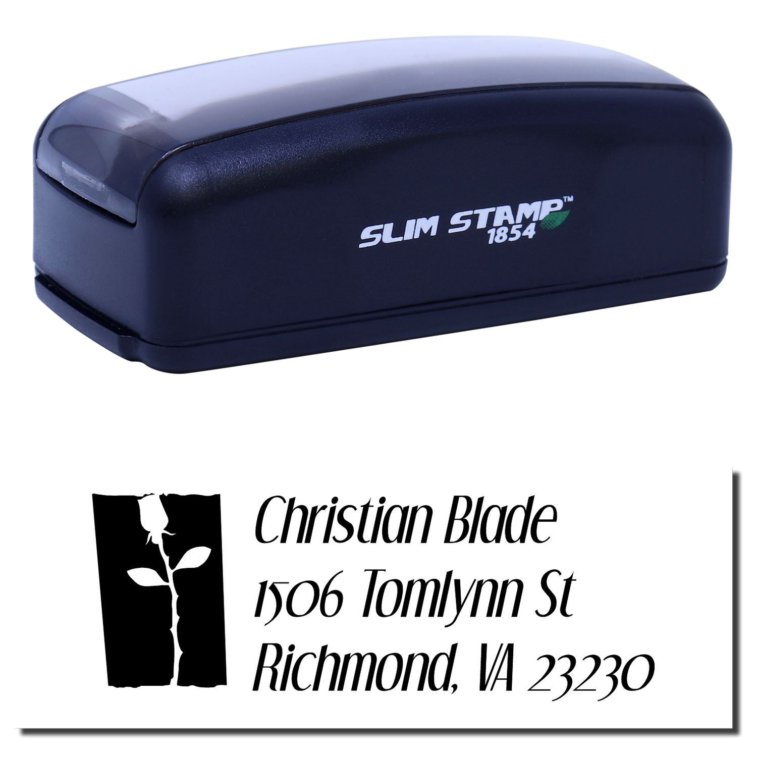 Slim Stamp 1854 self-inking custom address rubber stamp with Christian Blade and Richmond, VA imprint
