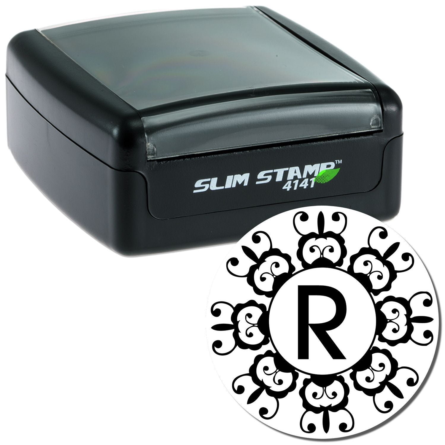 Custom self-inking Slim Stamp 4141 rubber stamp with ornate monogram letter R design for personalized stamping
