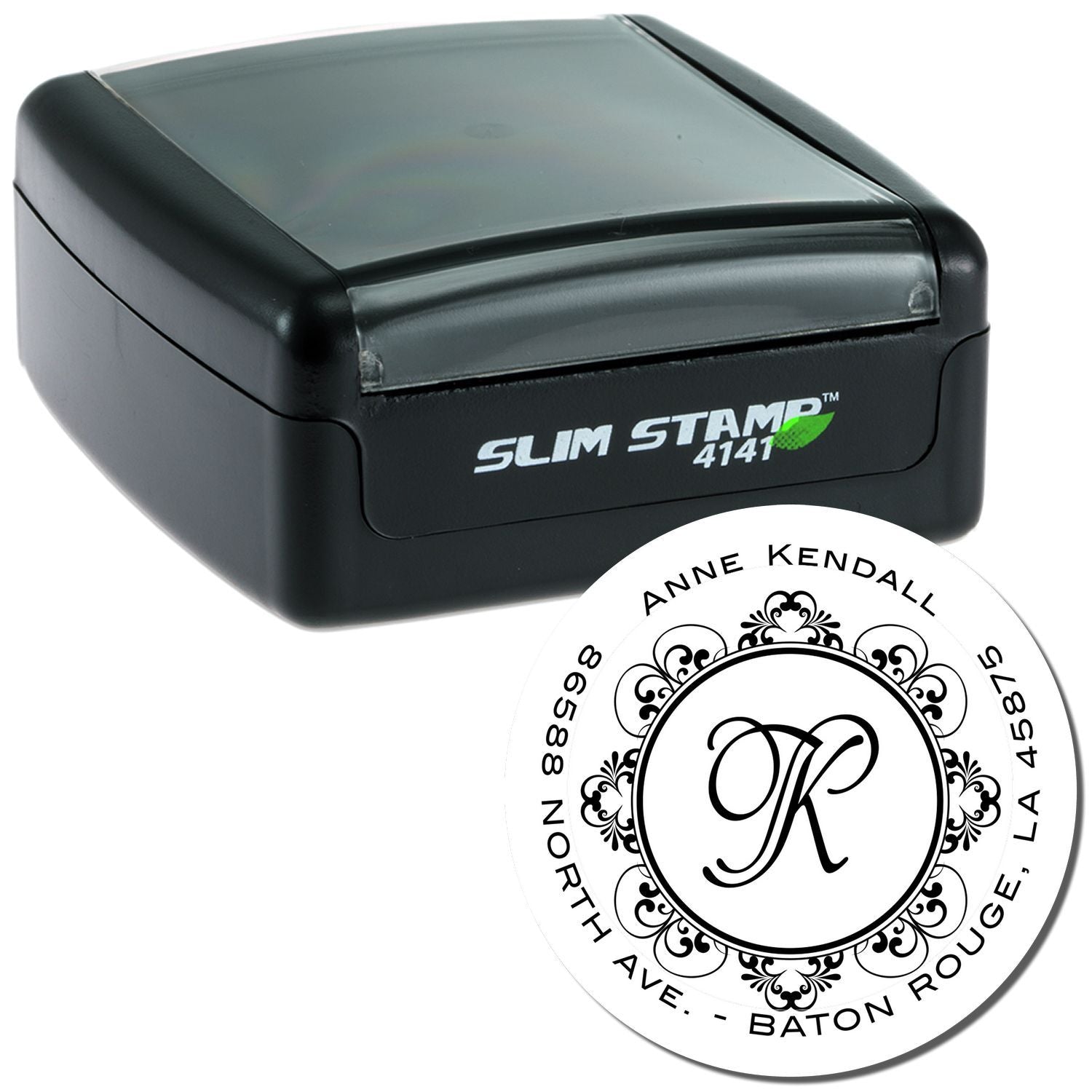 Slim STAMP 4141 self-inking rubber stamp with Anne Kendall branding for labeling envelopes and packages.