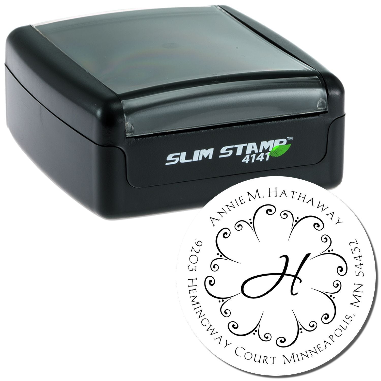Custom self-inking address stamp with monogram, ideal for return address labels, wedding invitations, and mail