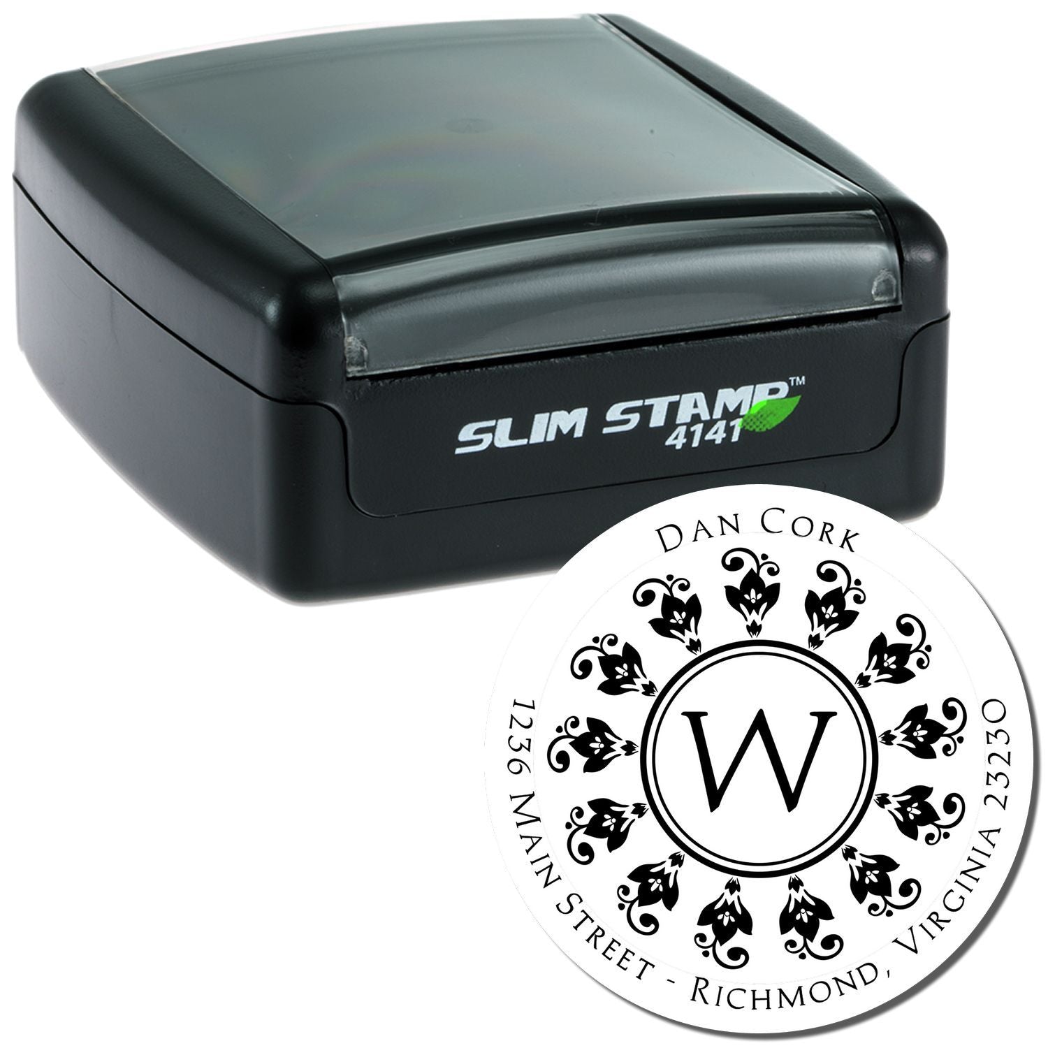 Custom self-inking rubber address stamp with monogram design, Slim Stamp 4141 for personalized mailing and return addresses.