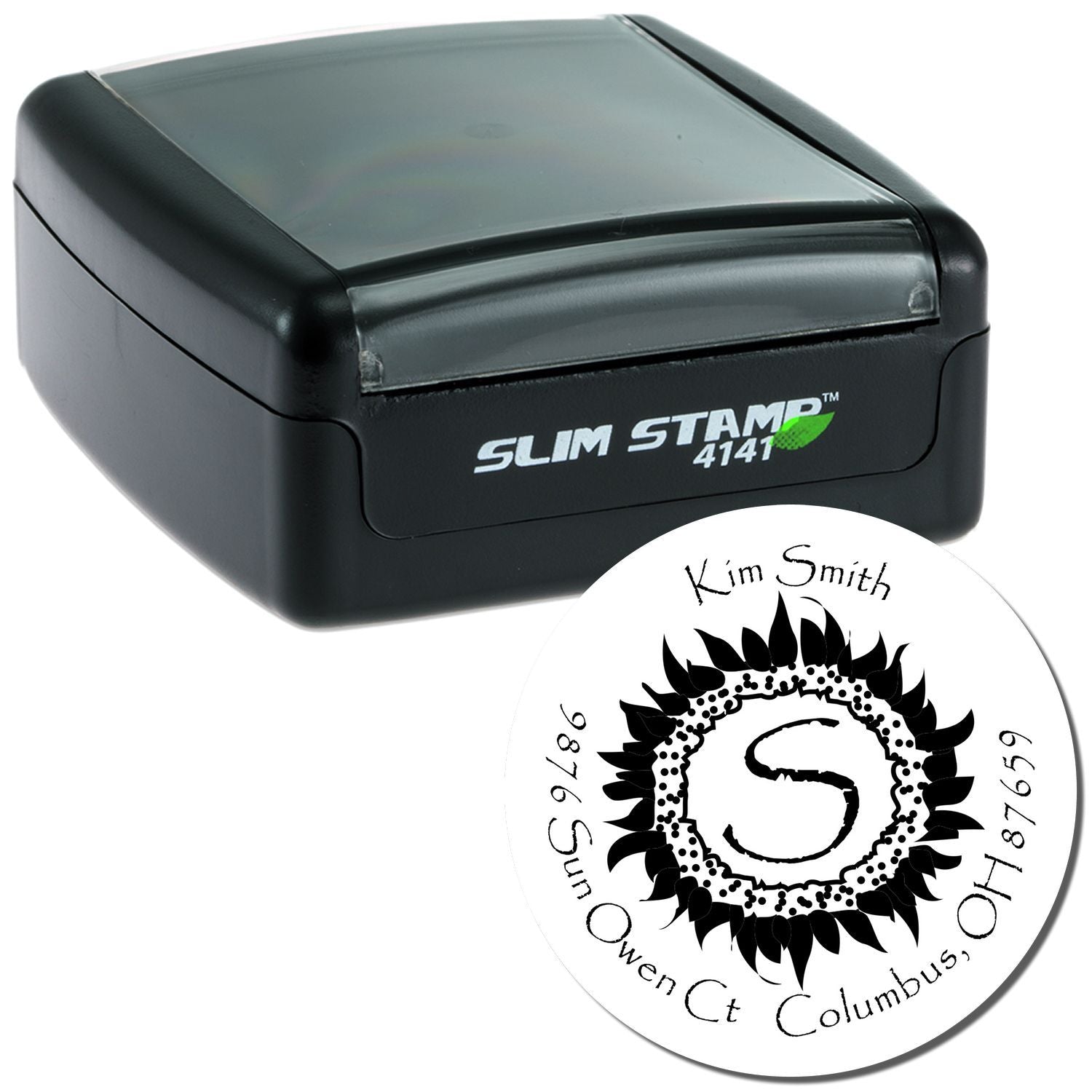 SLIM STAMP 4147 self-inking handheld business stamp showing custom company logo for quick, professional imprinting.