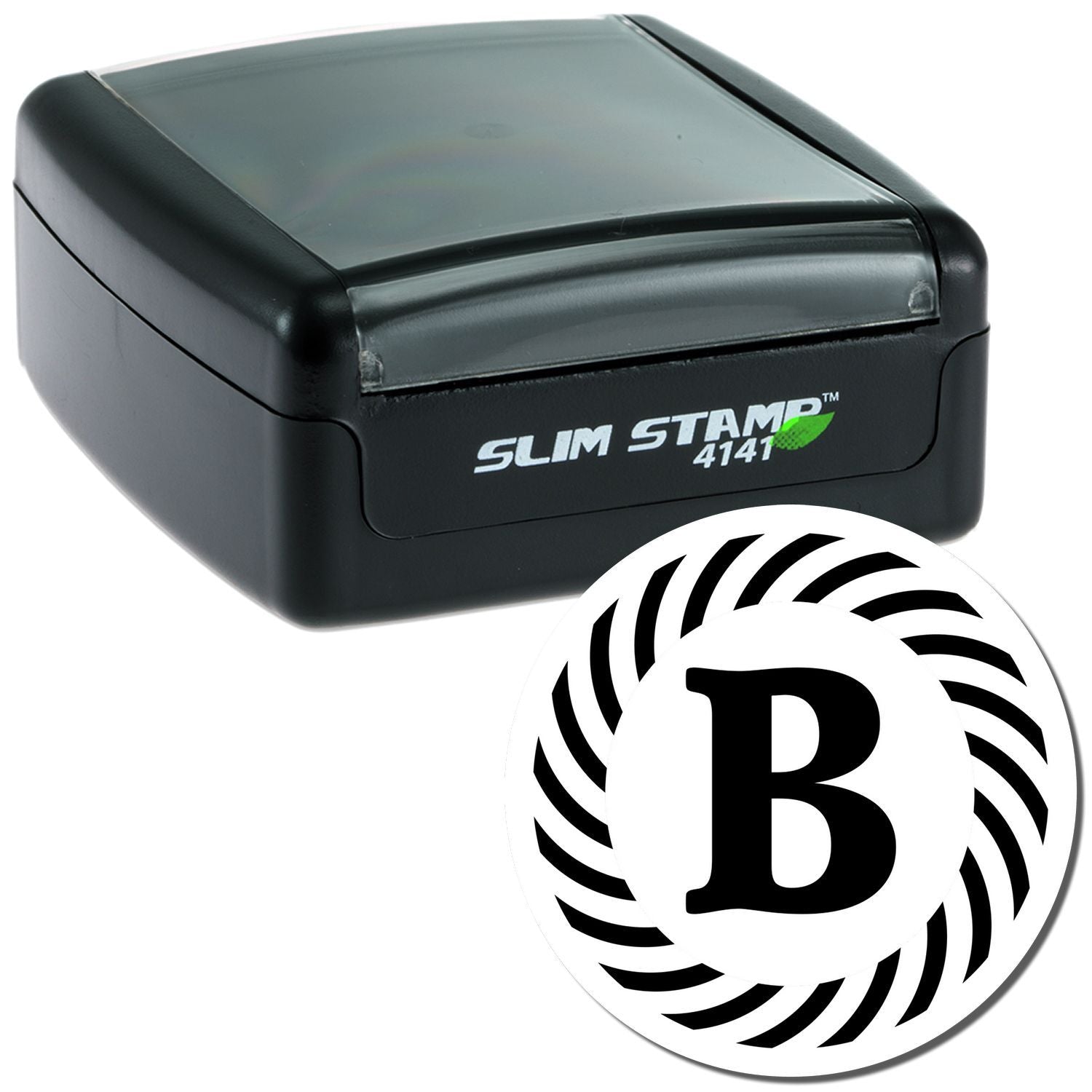 Self-inking Slim Stamp 4141 custom rubber stamp with bold B logo for branding, packaging, and office use.