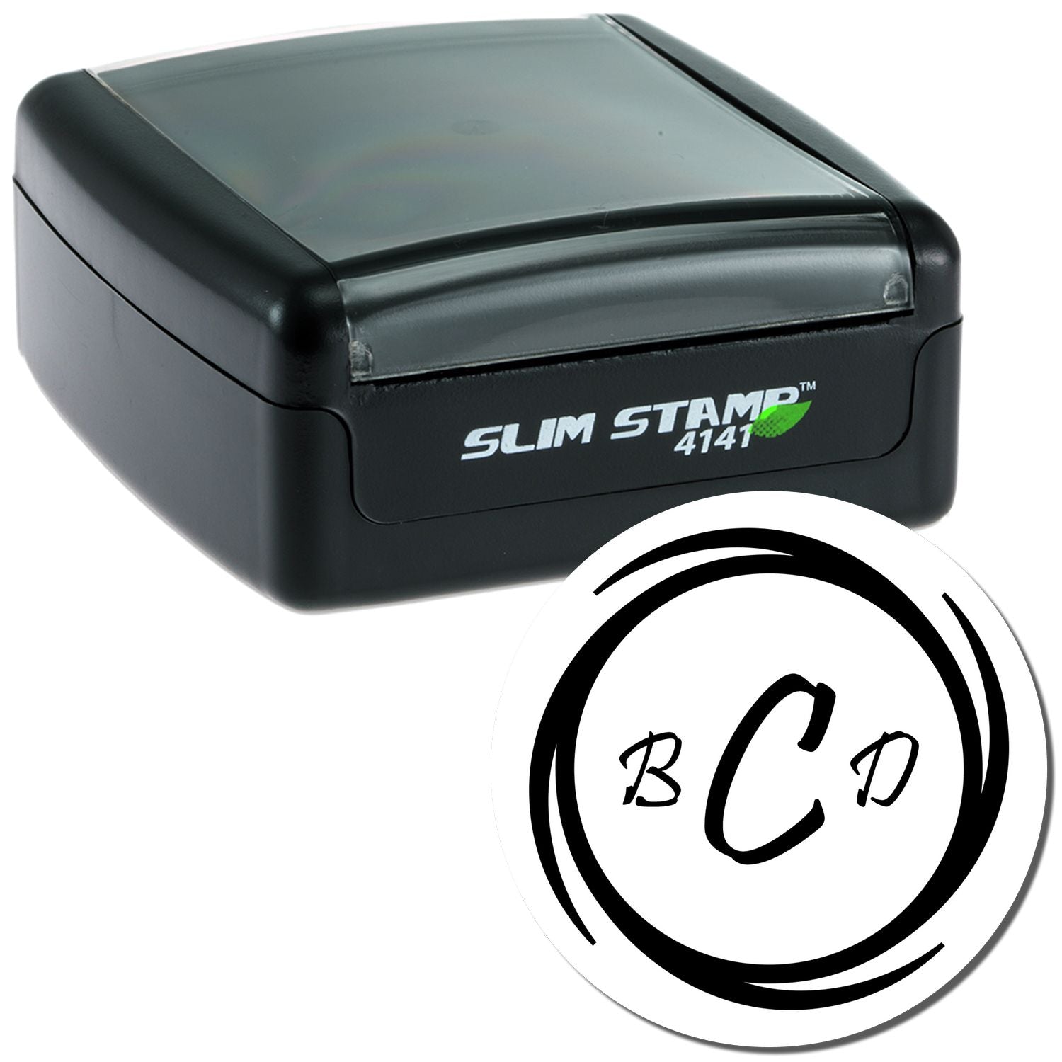 Slim Stamp 4141 self-inking rubber stamp with custom monogram design for fast, clean business or personal stamping.