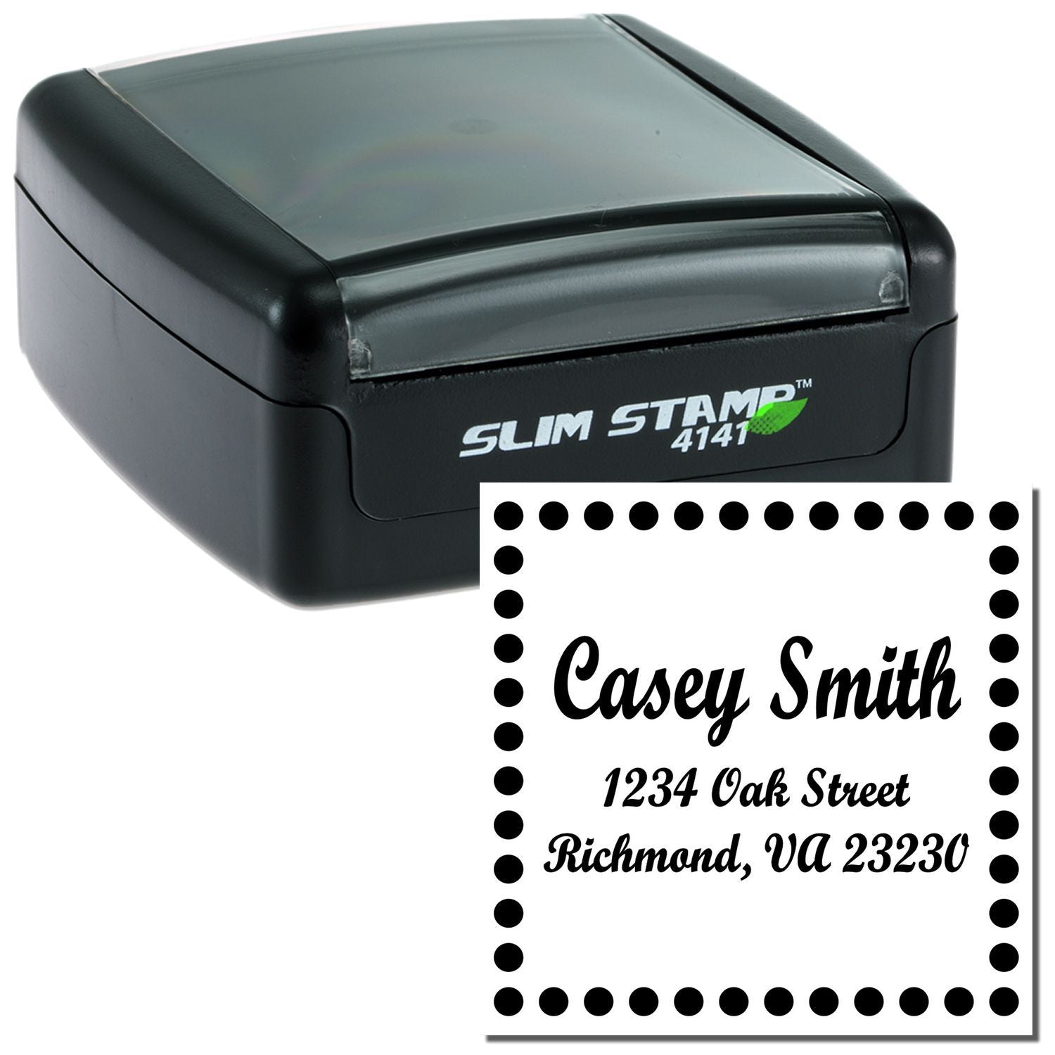 Slim Stamp 4141 custom address stamp showing Casey Smith, 1234 Oak Street, Richmond VA 23230 for mailing labels