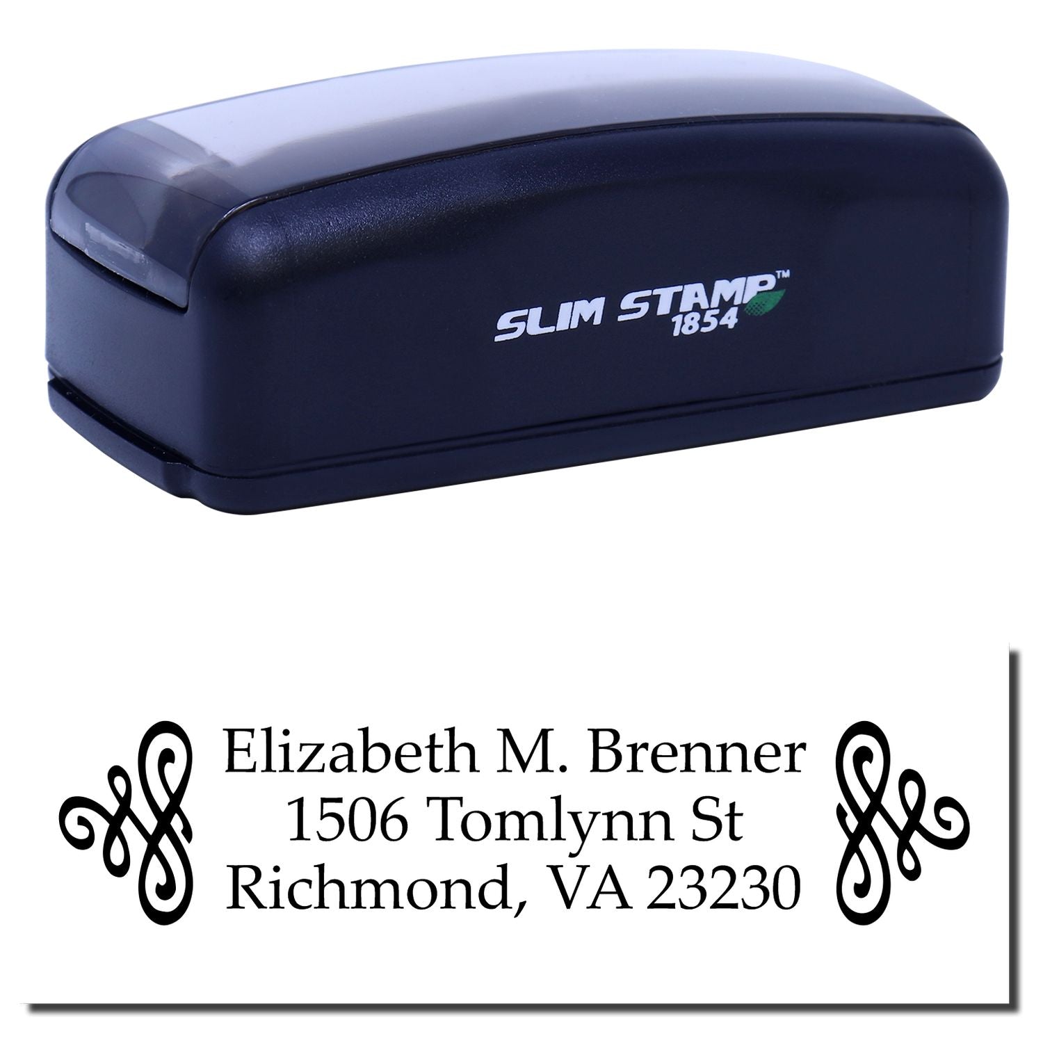 Self-inking rubber address stamp with custom return address for envelopes, Slim Stamp 1854.