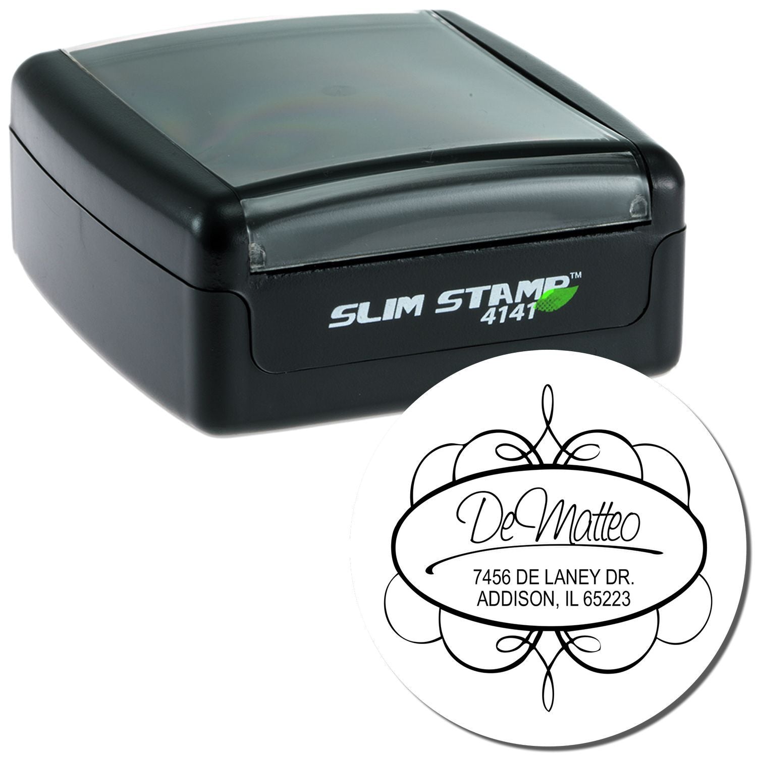 Slim Stamp 4141 self-inking rubber address stamp with custom name and return address design for mailing labels and envelopes