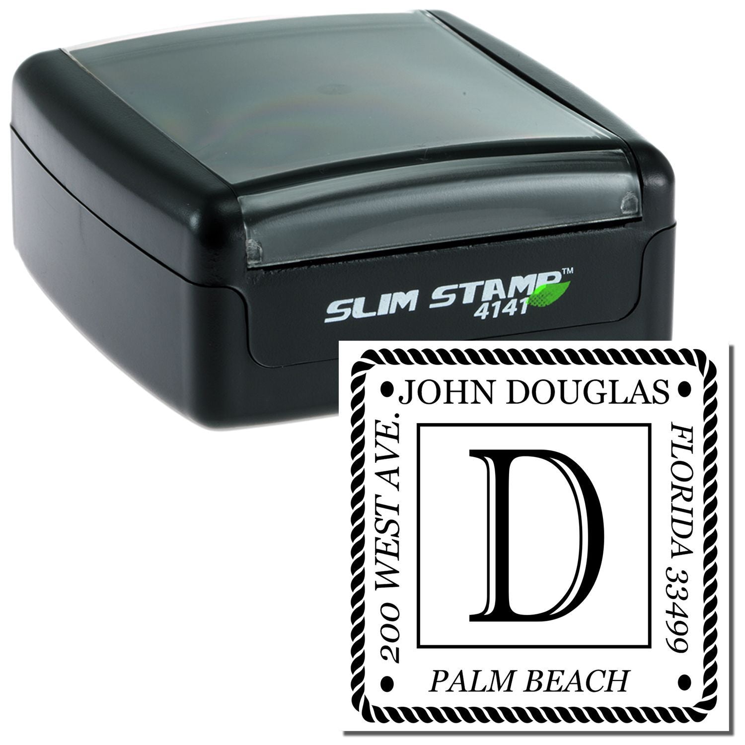 Custom slim rubber stamp for return addresses, featuring a personalized monogram and address imprint sample.