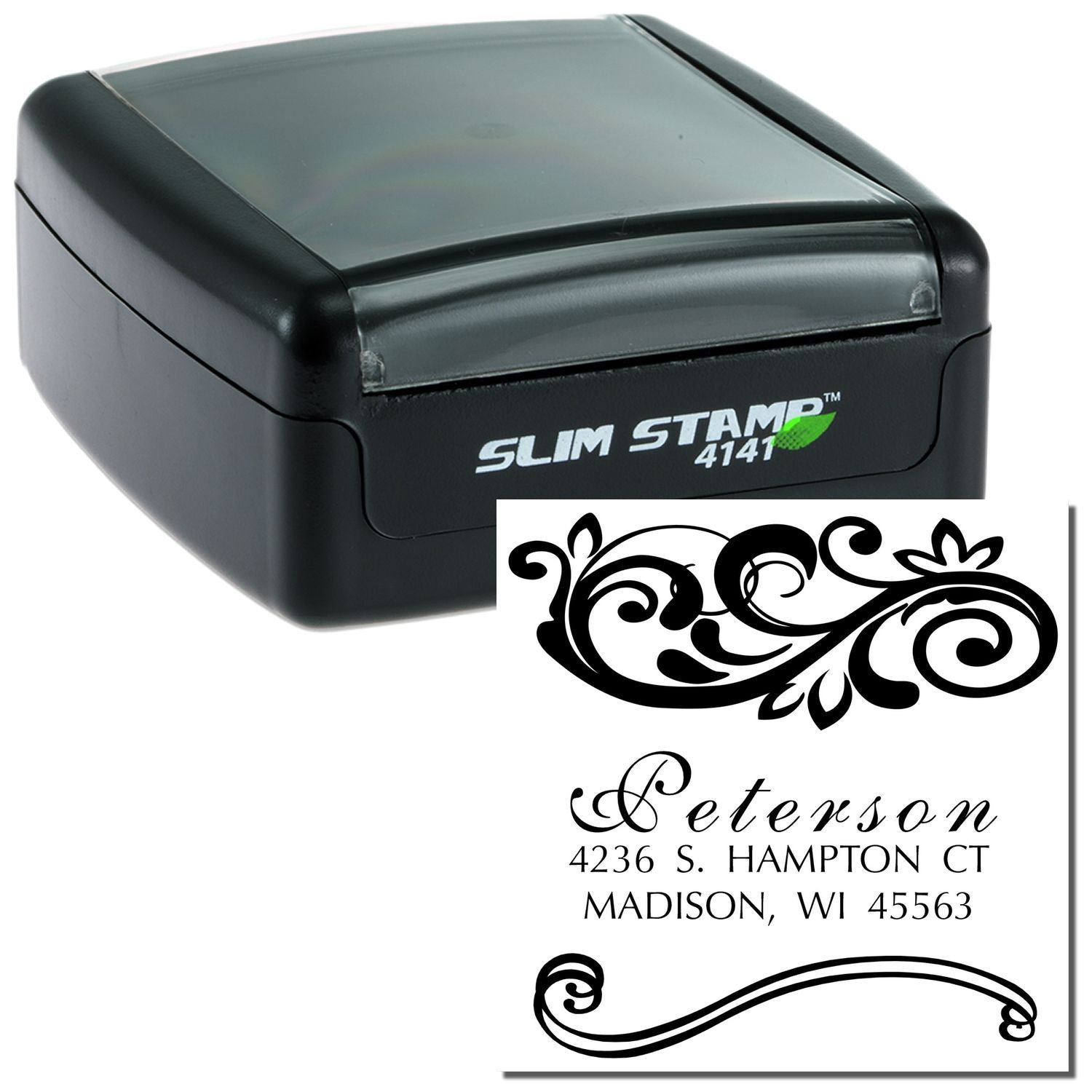 Custom self-inking address stamp with floral design and Peterson mailing address, Slim Stamp 4141.