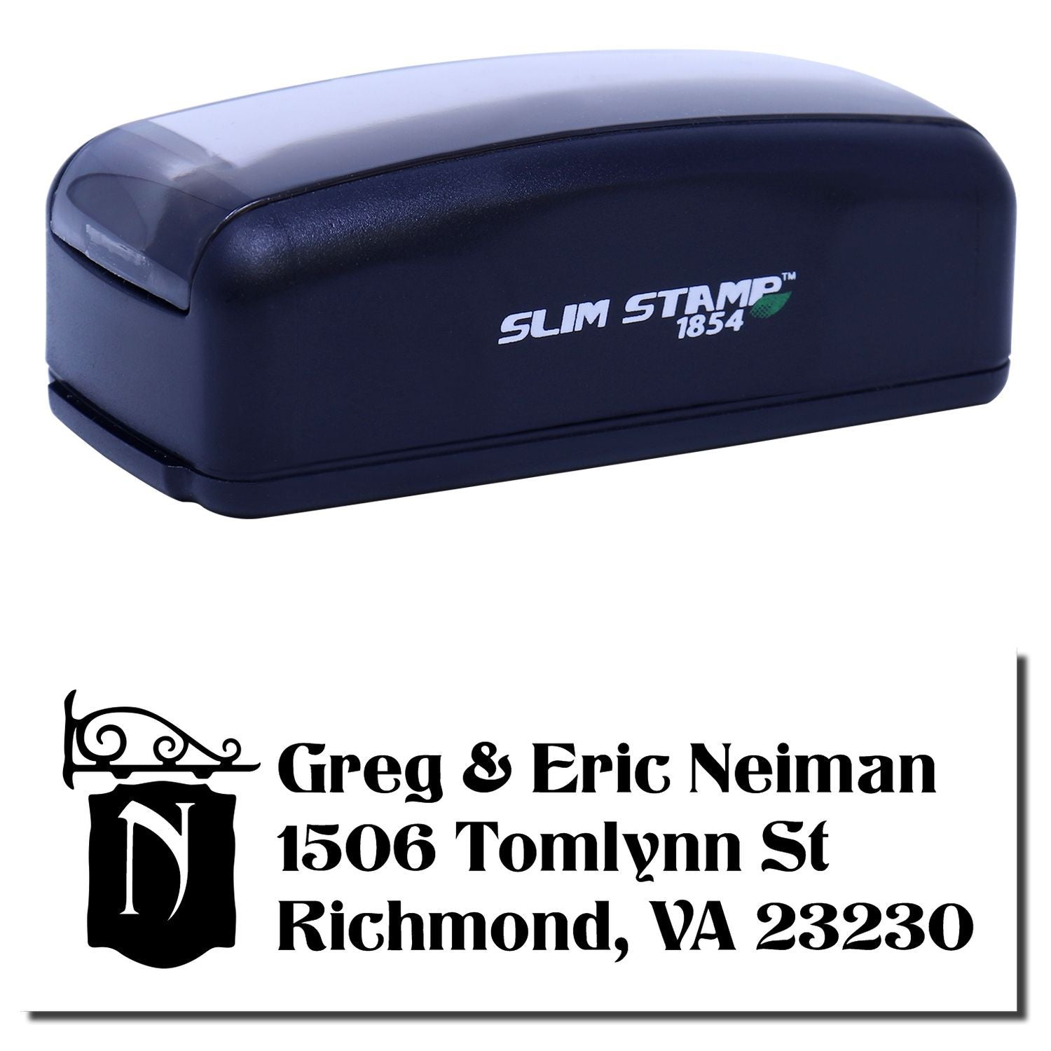 Slim Stamp 1854 self-inking address rubber stamp with custom name and Richmond, VA return address imprint