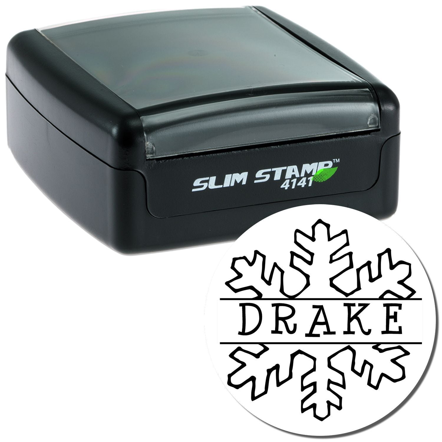 Self-inking Slim Stamp 4141 rubber stamp with custom snowflake logo and Drake imprint preview for office or business use.