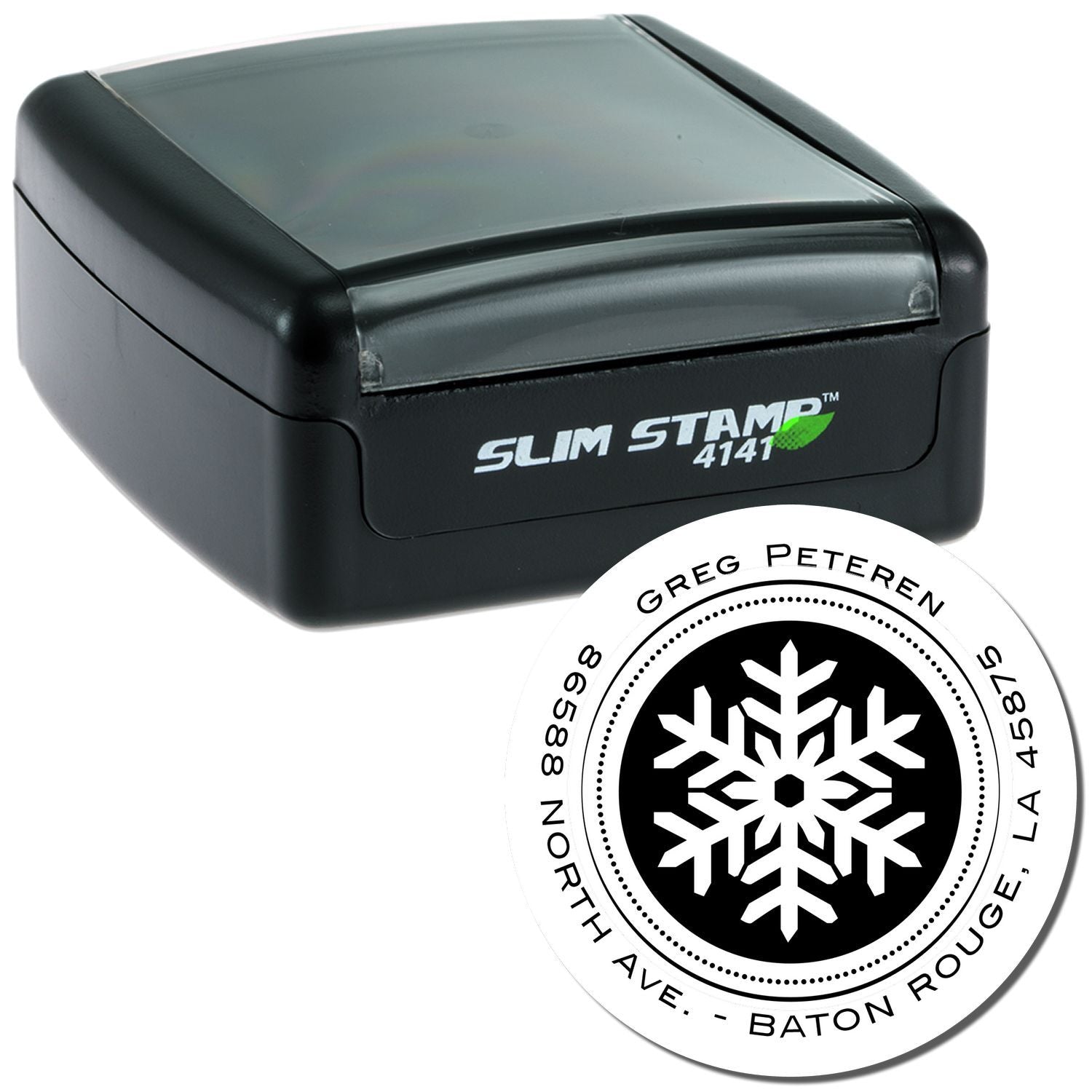 Slim Stamp 4141 self-inking stamp with Greg Peter Green logo for fast office labeling and packaging, inventory and document marking.