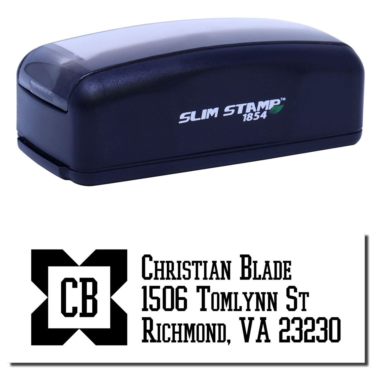Slim Stamp 1854 self-inking rubber address stamp with custom Christian Blade return address, Richmond, VA 23230.