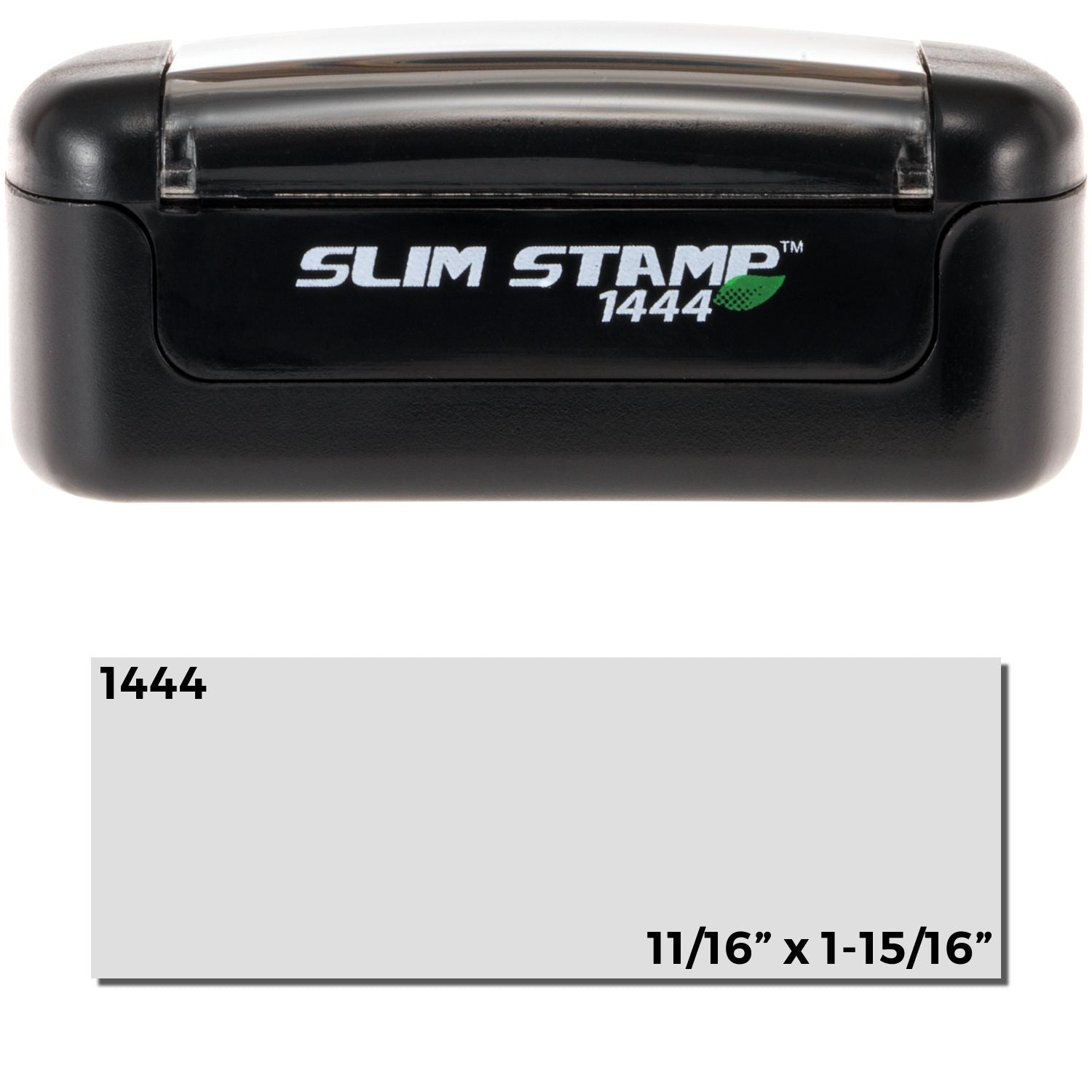 A slim stamp with a stamped image shows an impression size of approximately 1/2" x 1-3/4".