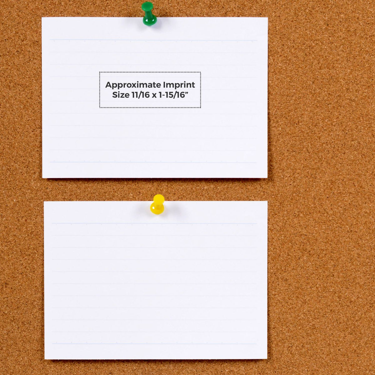Two white pinned paper sheets on a corkboard showing approximate imprint size for a customizable print design template.