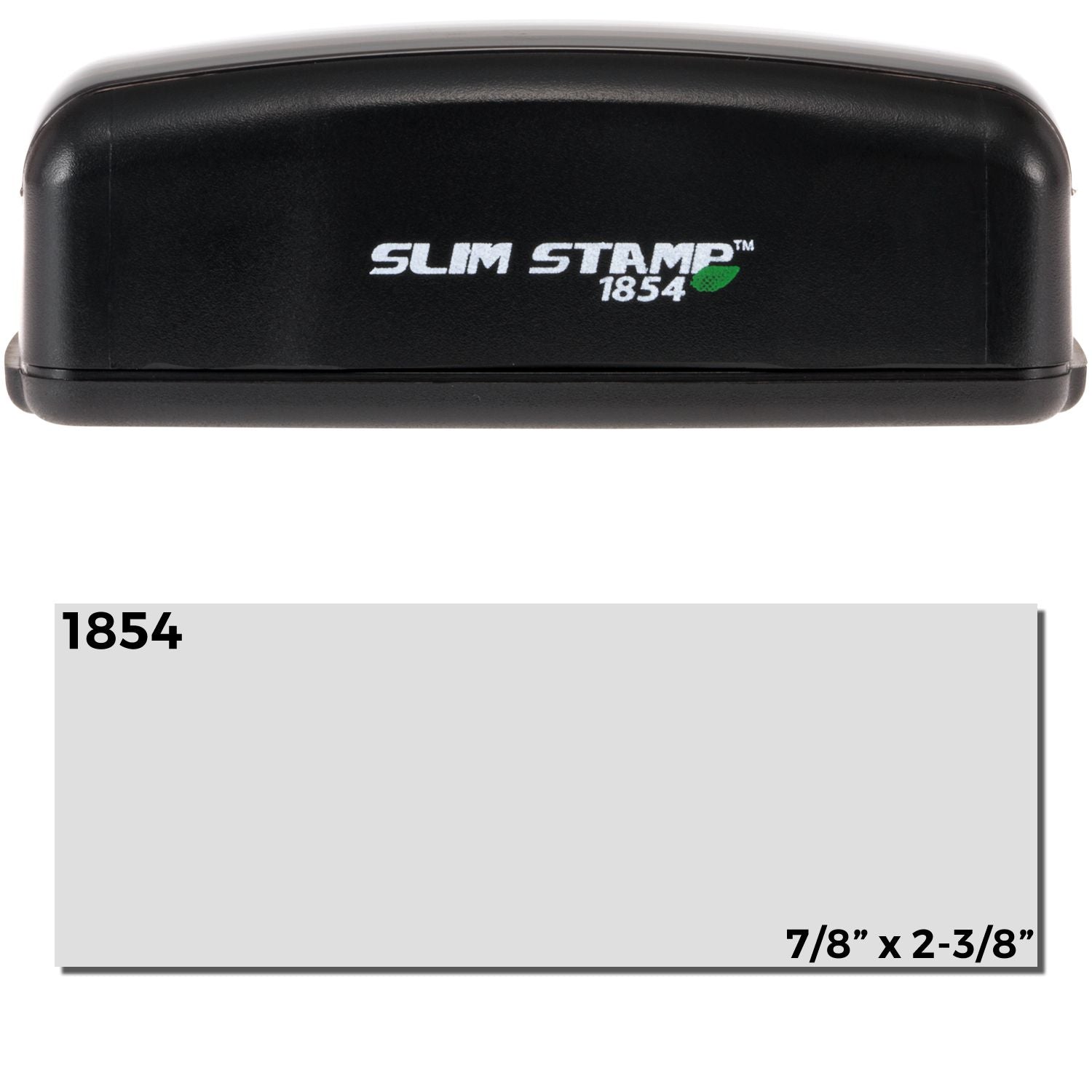 A slim stamp with a stamped image shows an impression size of approximately 11/16" x 2-1/8".