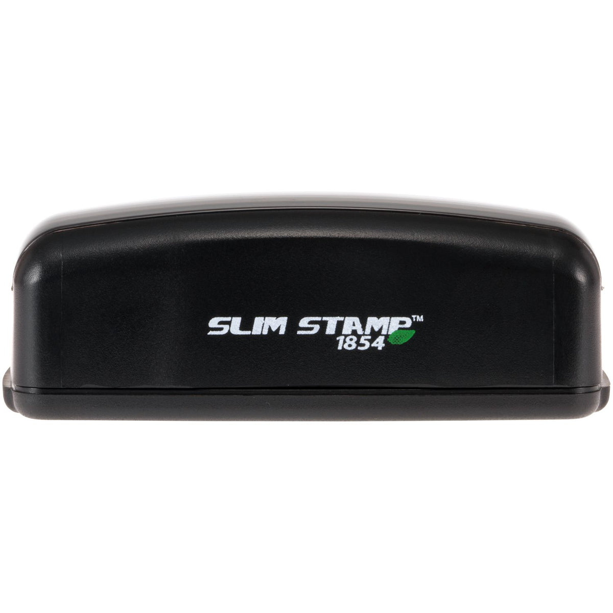 Slim Stamp 1854 black stamp case logo close-up, showing branded custom stamp product for office labeling