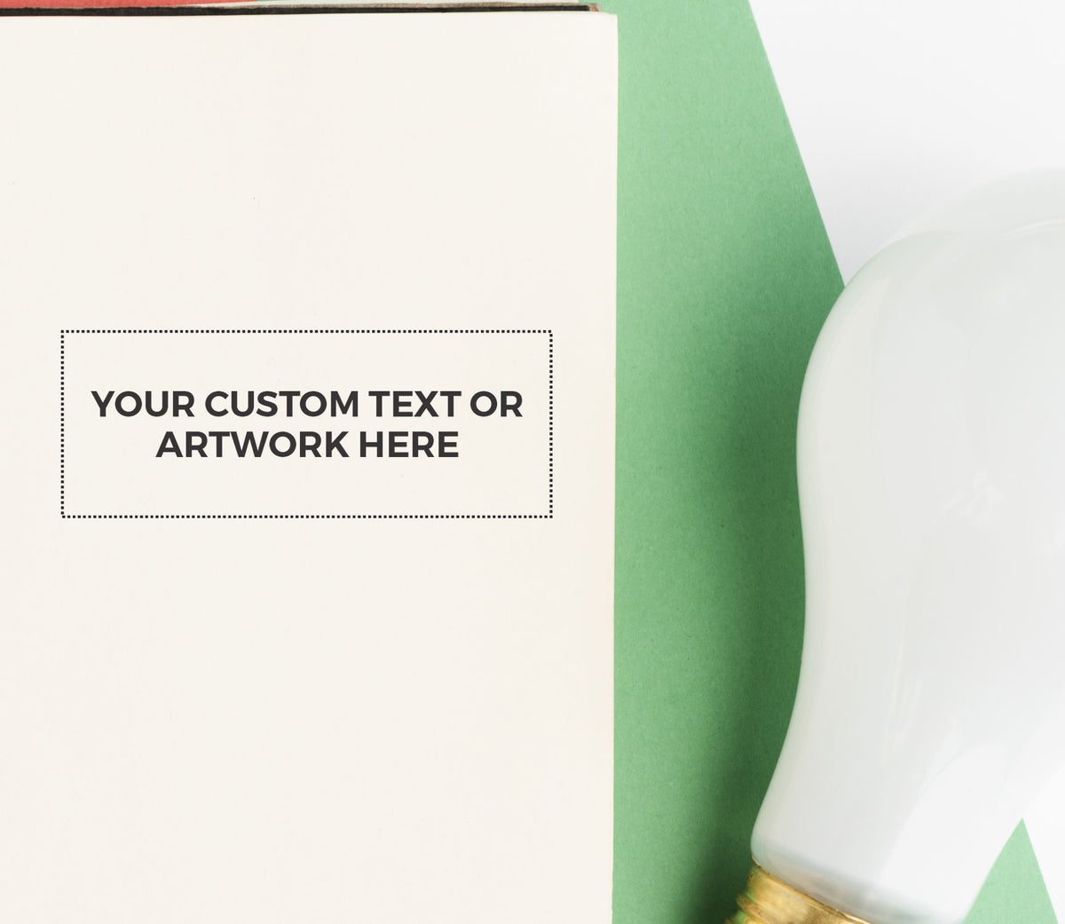 Custom text or artwork placement mockup on white and green background, print design template for branding and marketing.
