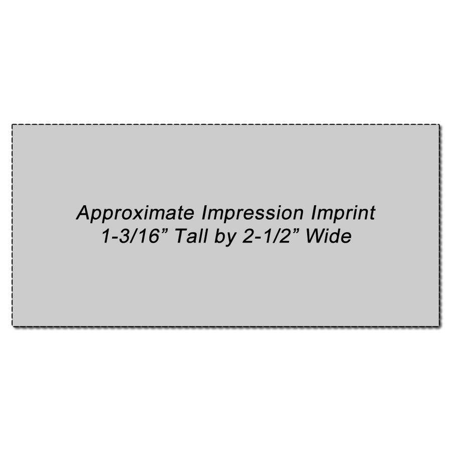 Diagram label: approximate impression imprint size 1-3/16in tall by 2-1/2in wide for product printing specs