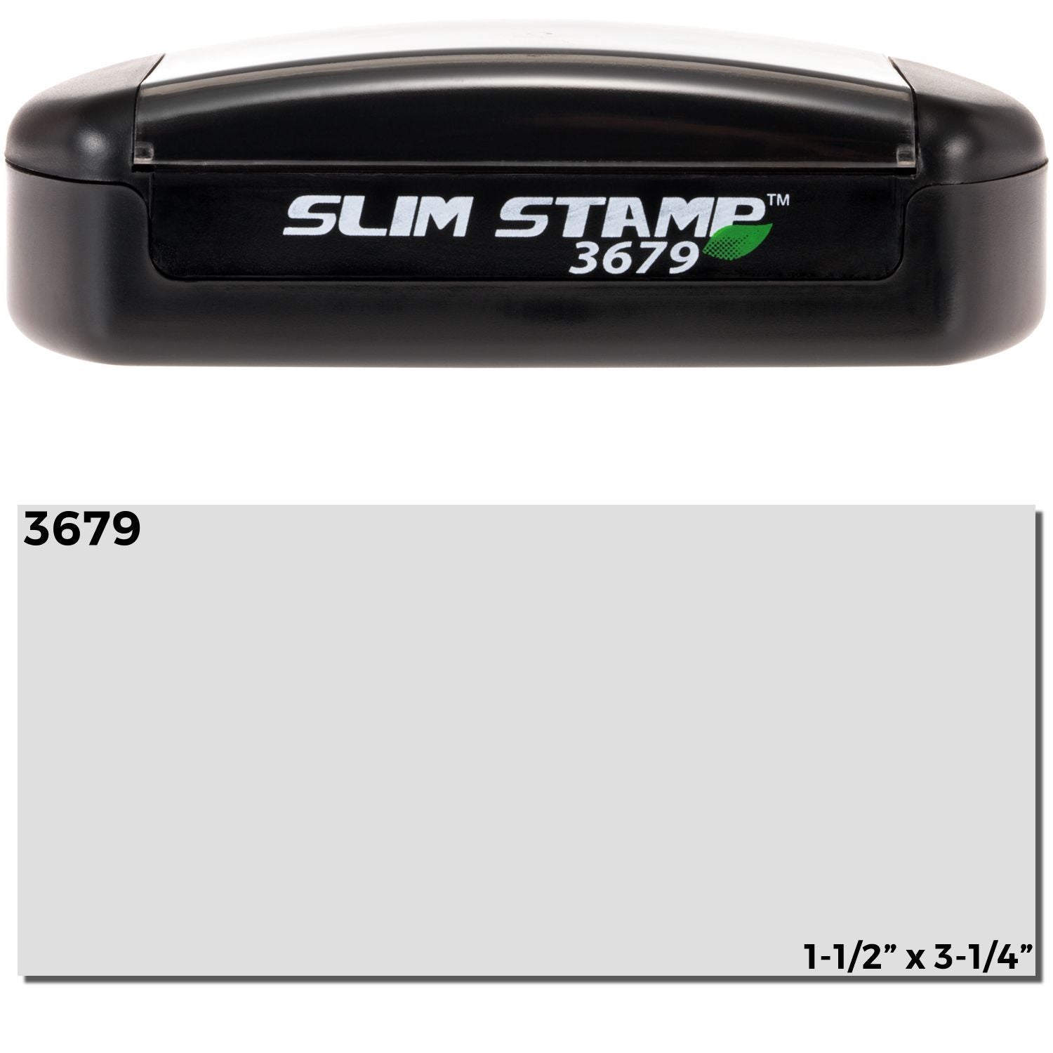Slim Stamp 3679 stamp for packaging and document labeling; product photo shows brand design and 1-1/2 x 3-1/4 in size.