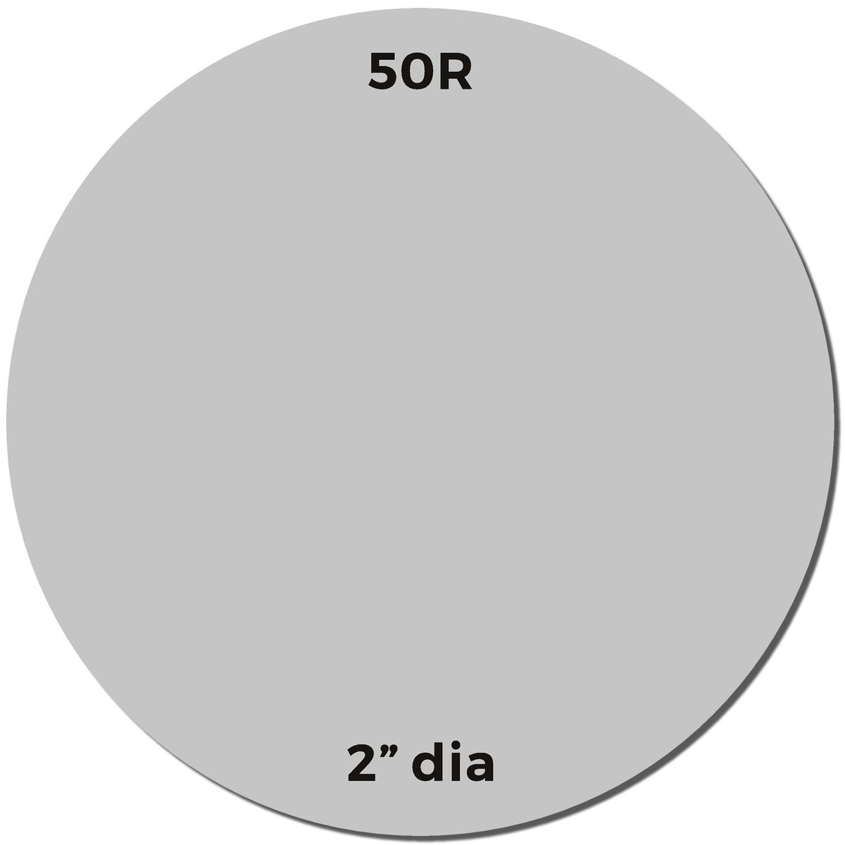 Gray 50R, 2-inch diameter circular label showing 50-ohm resistance value for electronics and RF components.