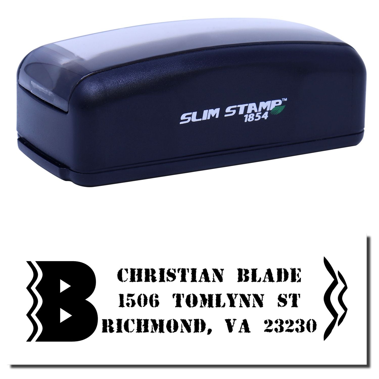 Slim Stamp 1854 self-inking rubber stamp with custom address imprint example for Christian Blade, Richmond VA.