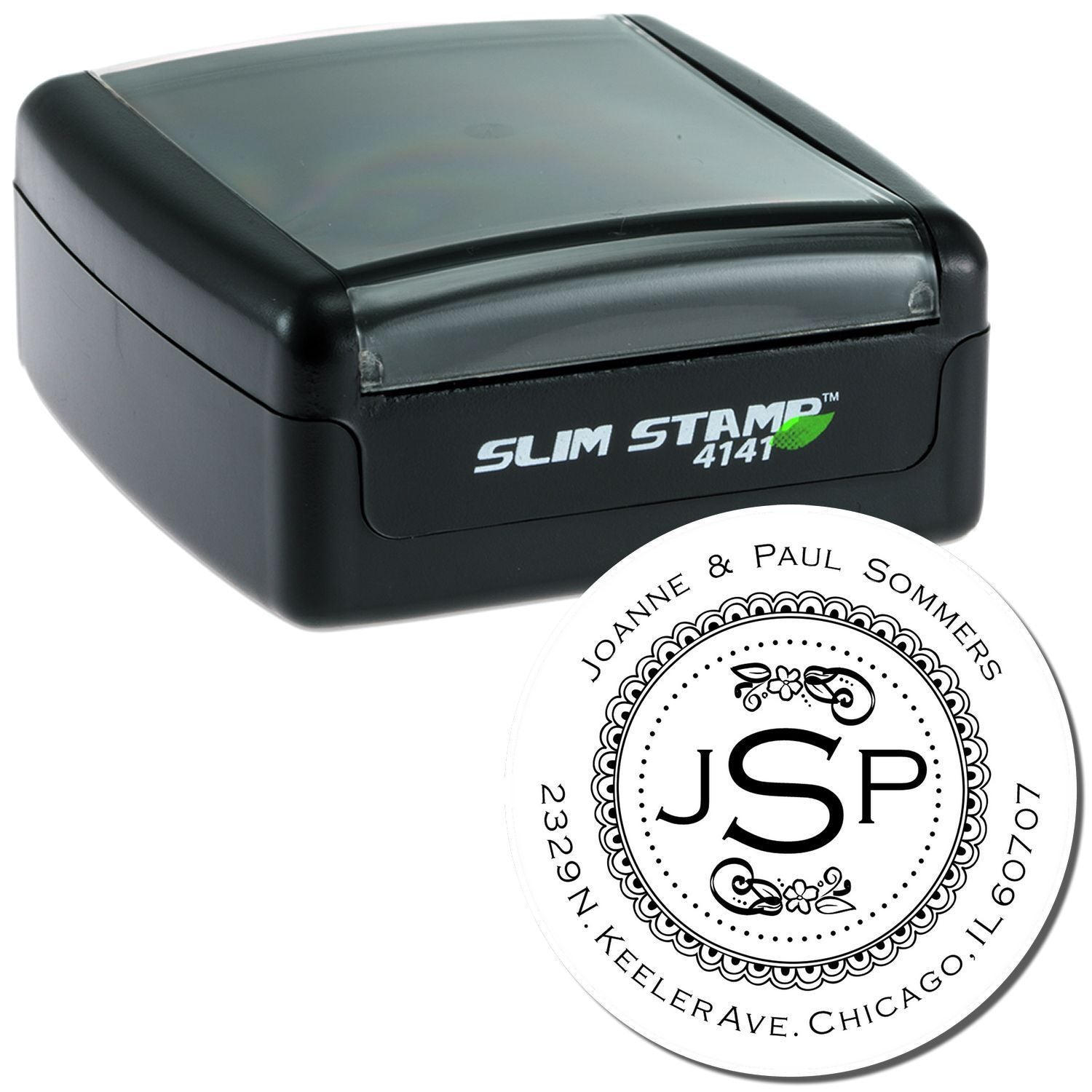 Slim Stamp 4141 self-inking branding stamp with JP & Paul Sommers logo for crisp marking on shipping labels, envelopes, and product inserts.