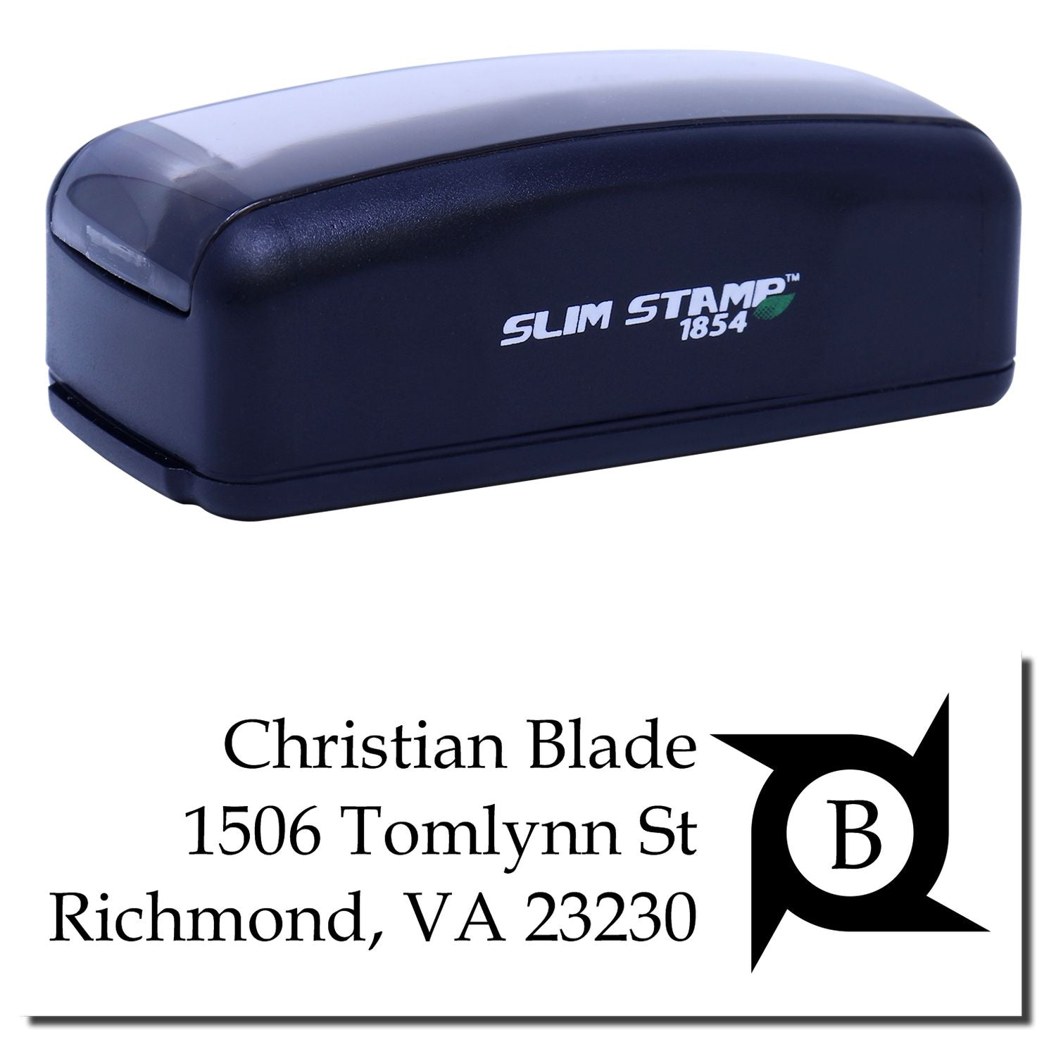 Slim Stamp 1854 self-inking rubber address stamp for Christian Blade, Richmond, VA, with custom return address imprint.