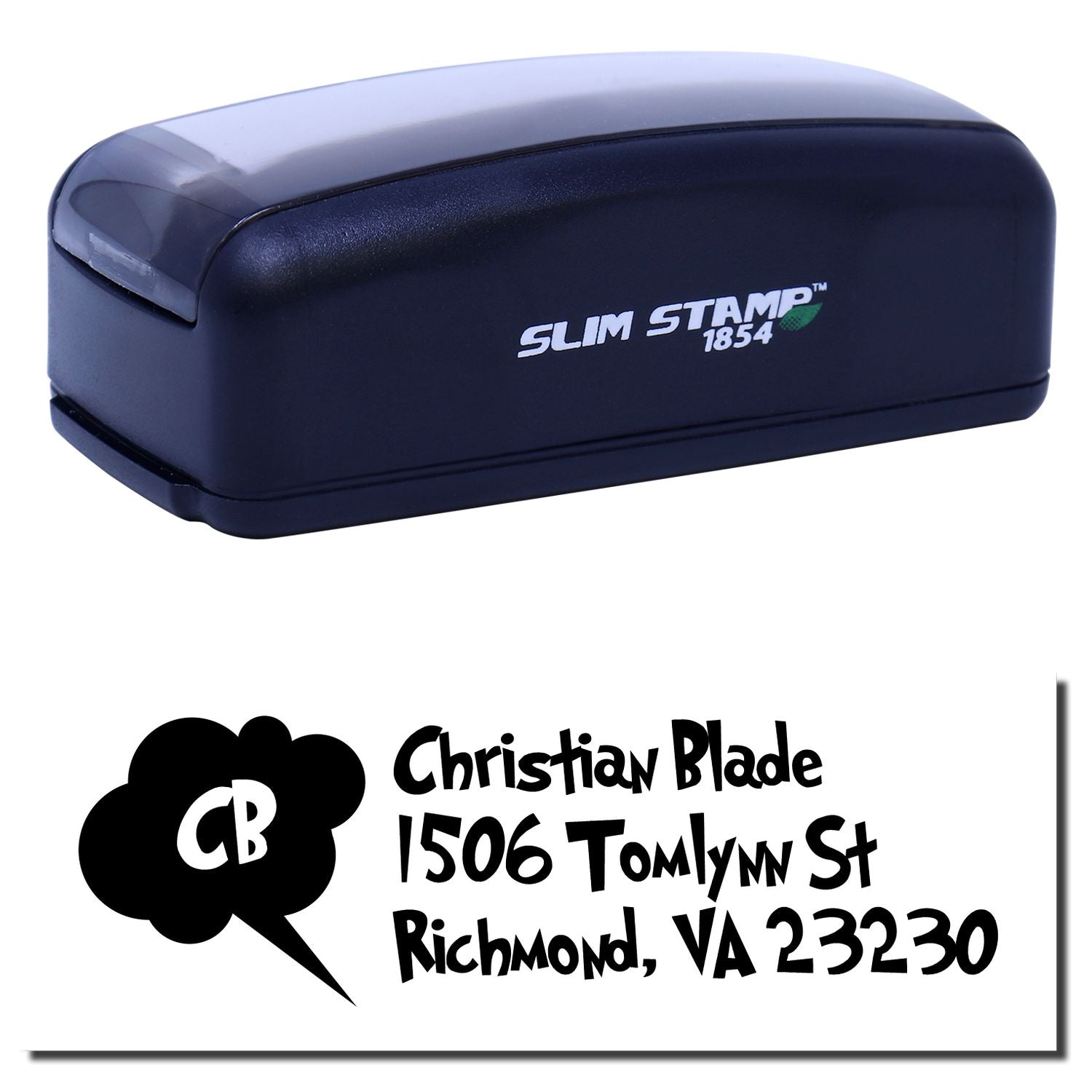 Custom self-inking rubber address stamp with Slim Stamp 1854 case and Christian Blade Richmond, VA return address imprint.