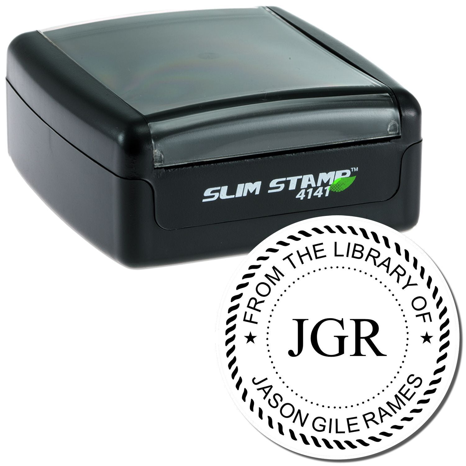 Slim Stamp 4147 self-inking stamp with From the Library JGR imprint for marking library books