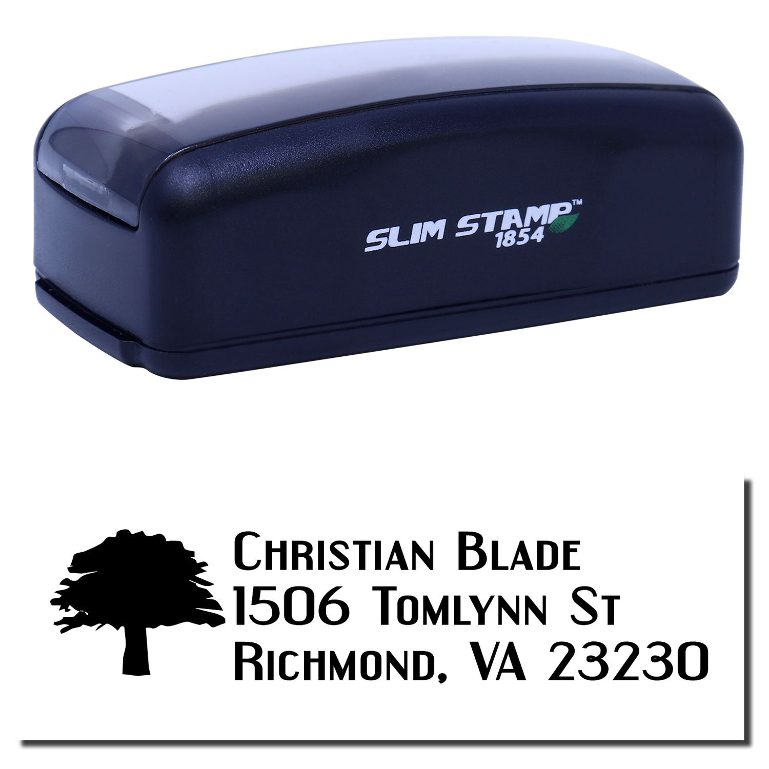 Slim Stamp 1854 self-inking rubber address stamp with custom logo and Christian Blade, Richmond, VA return address imprint