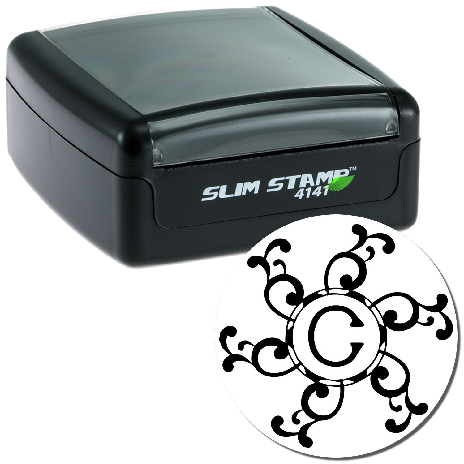 Slim Stamp 4147 auto ink stamp dispenser with protective case and character C graphic for quick labeling.