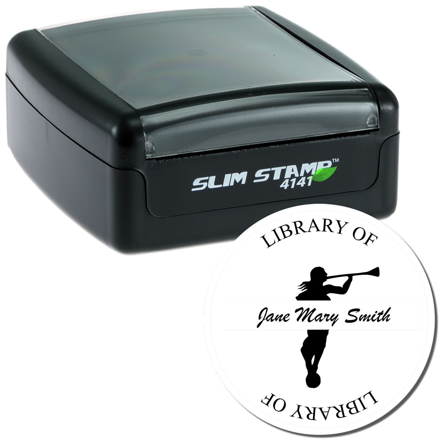 Slim Stamp 4141 self-inking custom library stamp for Jane Mary Smith, compact labeling for books and documents.