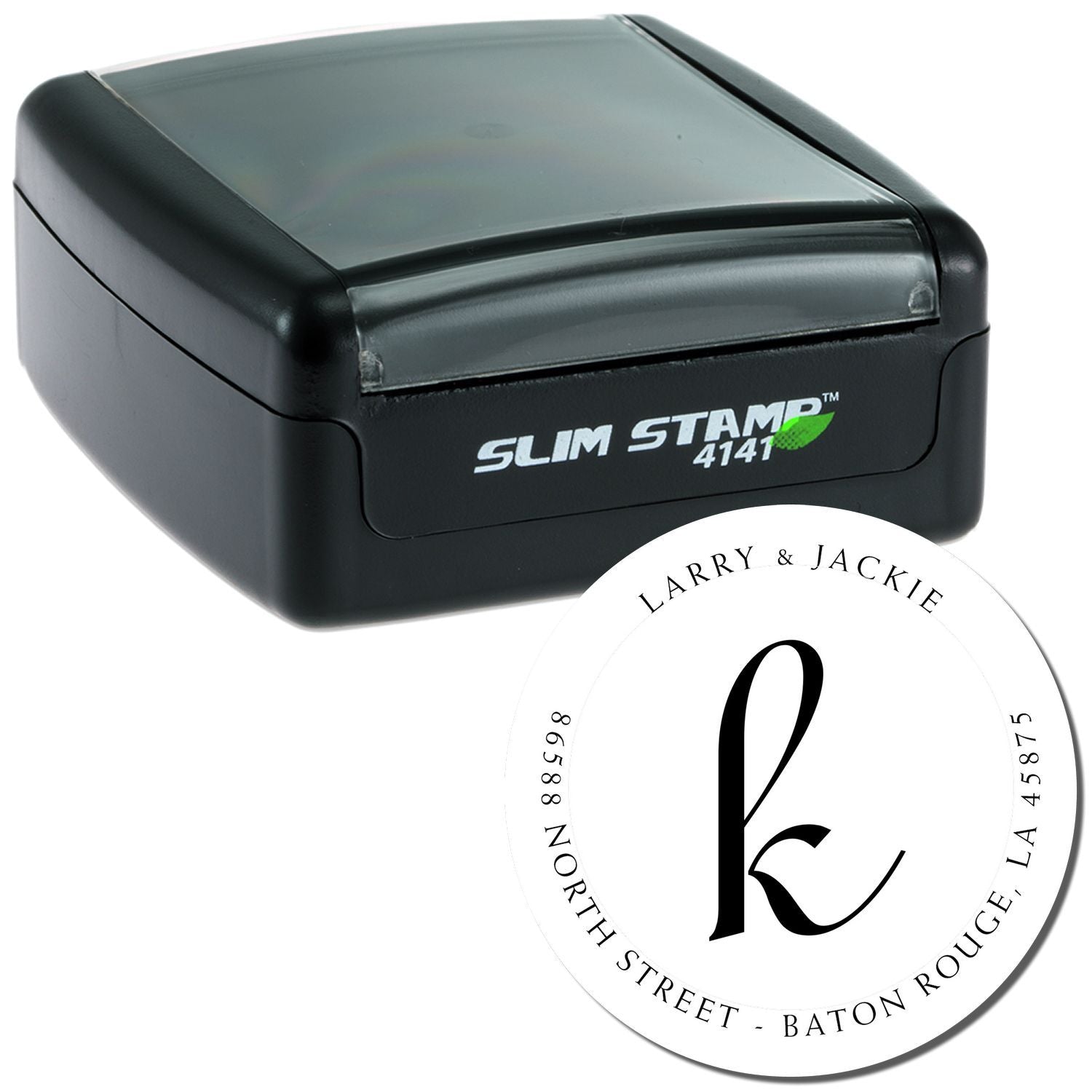 Slim Stamp 4141 self-inking business stamp with Larry & Jackie logo for address labels, shipping mail, and quick branding at home.