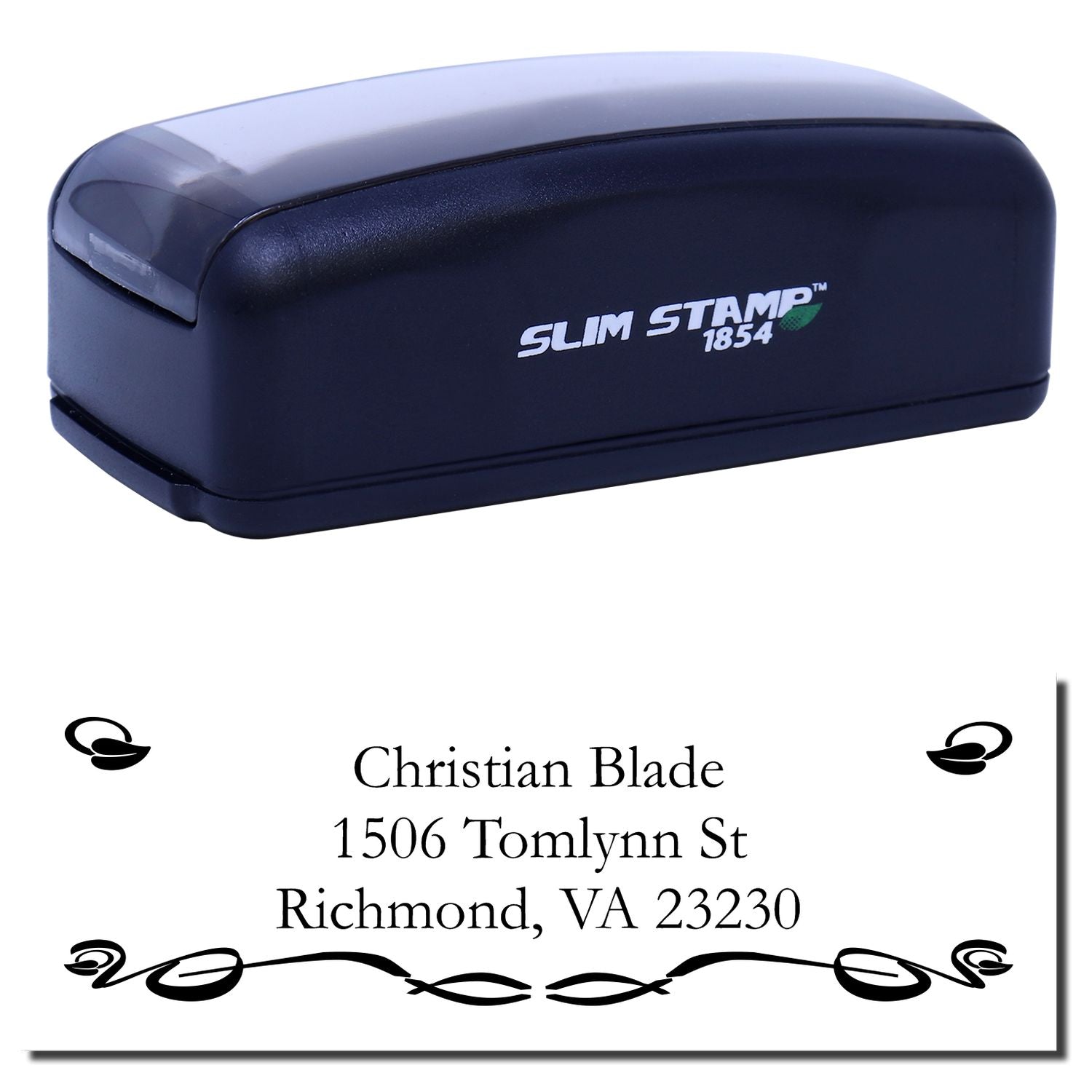 Slim Stamp 1854 self-inking address rubber stamp with personalized name and Richmond, VA return address design.